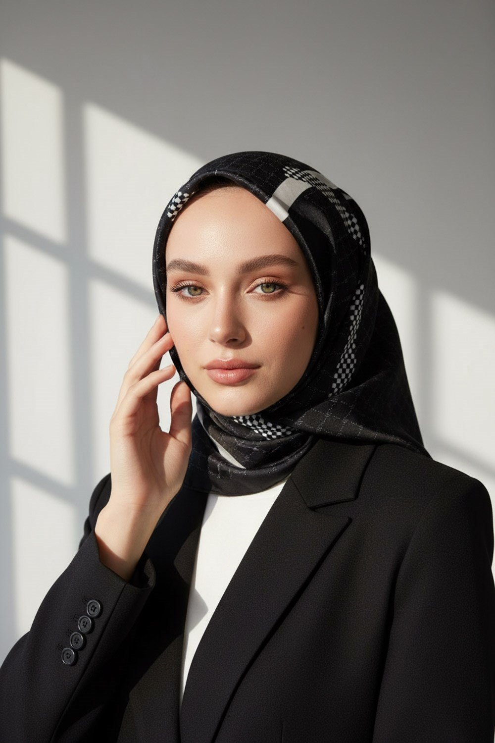 %57 İPEK %43 VİSKON Twill İpek Monogram Ve Şerit Desenli Siyah - Krem Renkli 90x90 Eşarp Dikim Şekli : El Dikişi