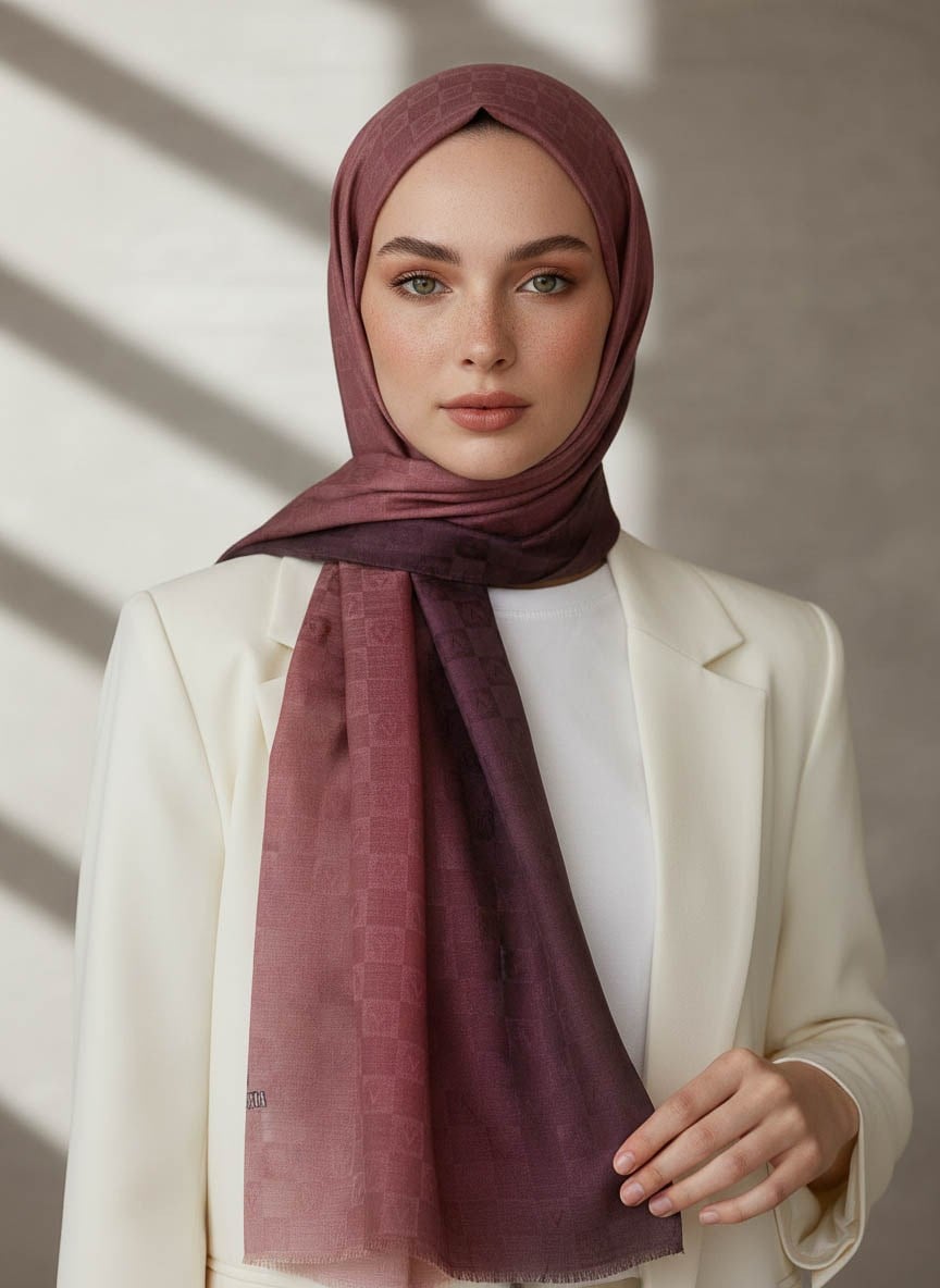 Vissona %57 İPEK %43 PAMUK Degrade Desenli Gül Kurusu Renkli Şal -  70x190 Dikiş Tipi İtalyan Dikişli