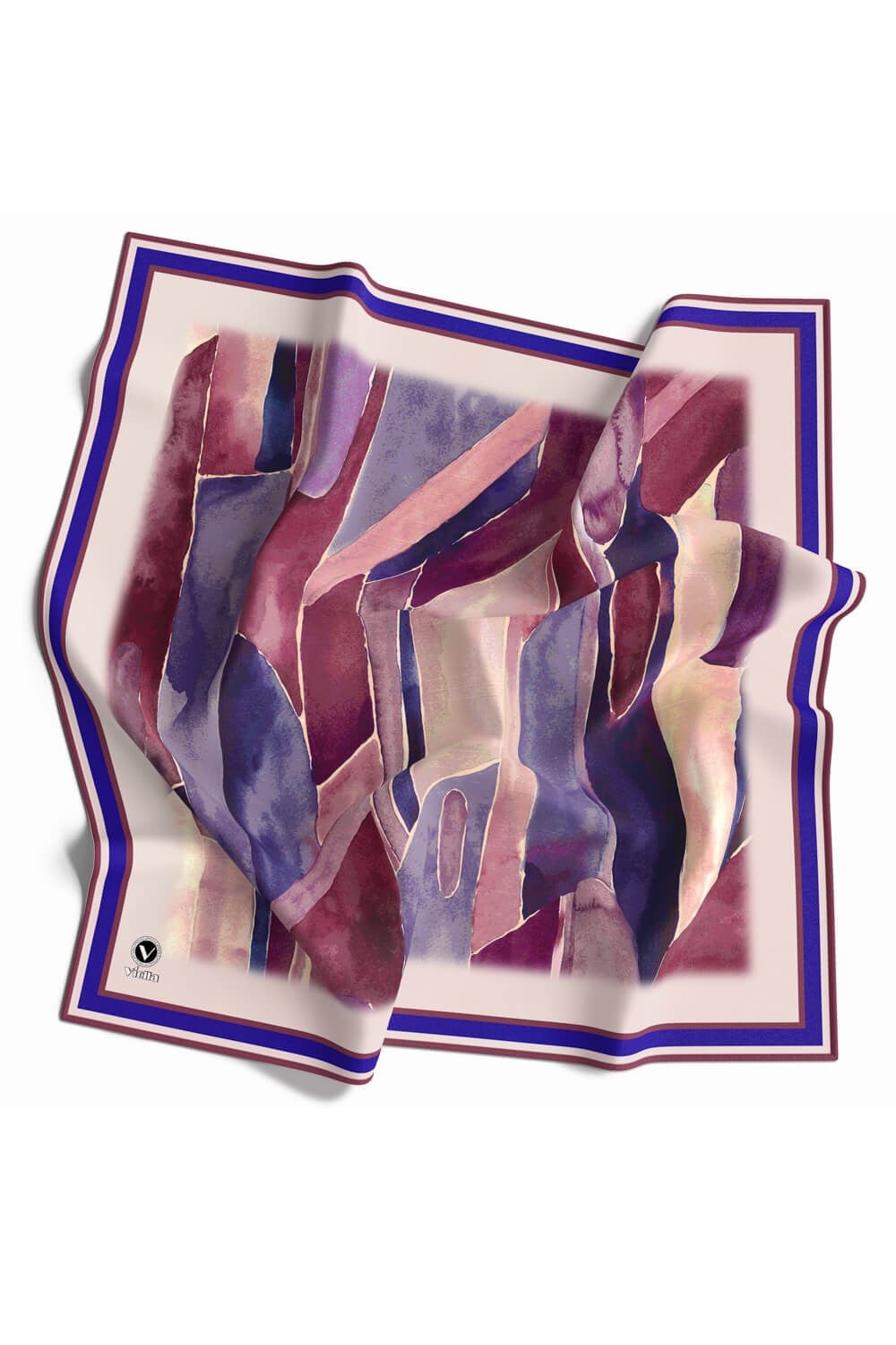 Kristal Suluboya Dokulu Geometrik Desenli Saks Renkli 90x90 Eşarp (İpek İçermez) Kenar Dikiş Şekli El Dikişli