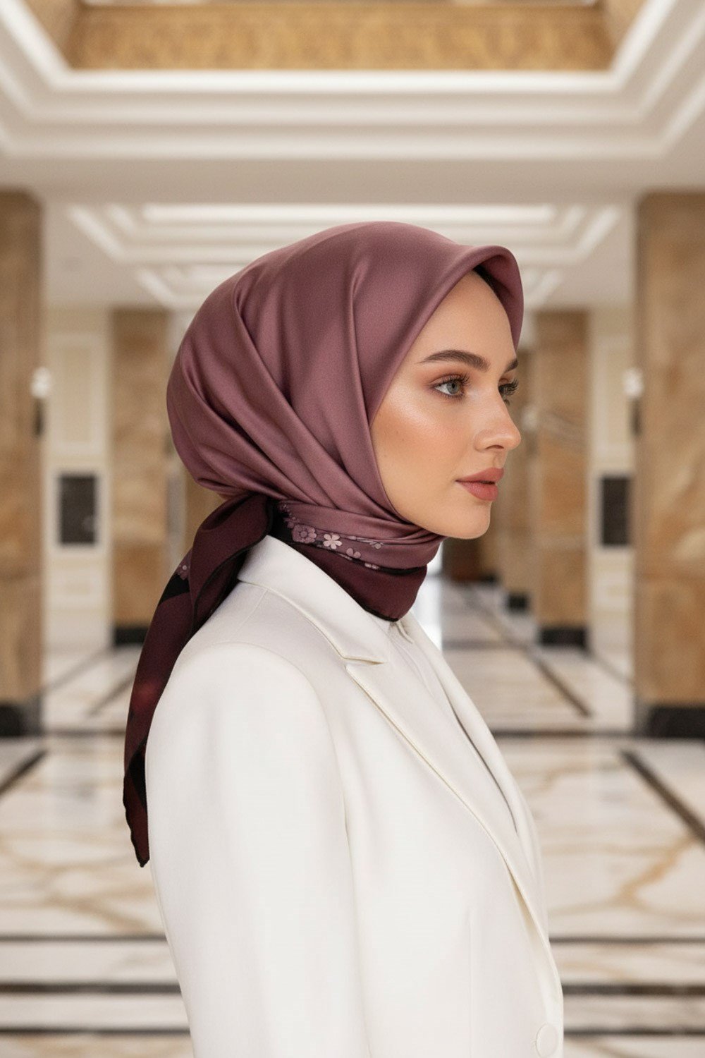 %100 Twill İpek Kenar Motifi Çiçek Desenli Gül Kurusu - Siyah Renkli 90x90 Eşarp Dikim Şekli : El Dikişi