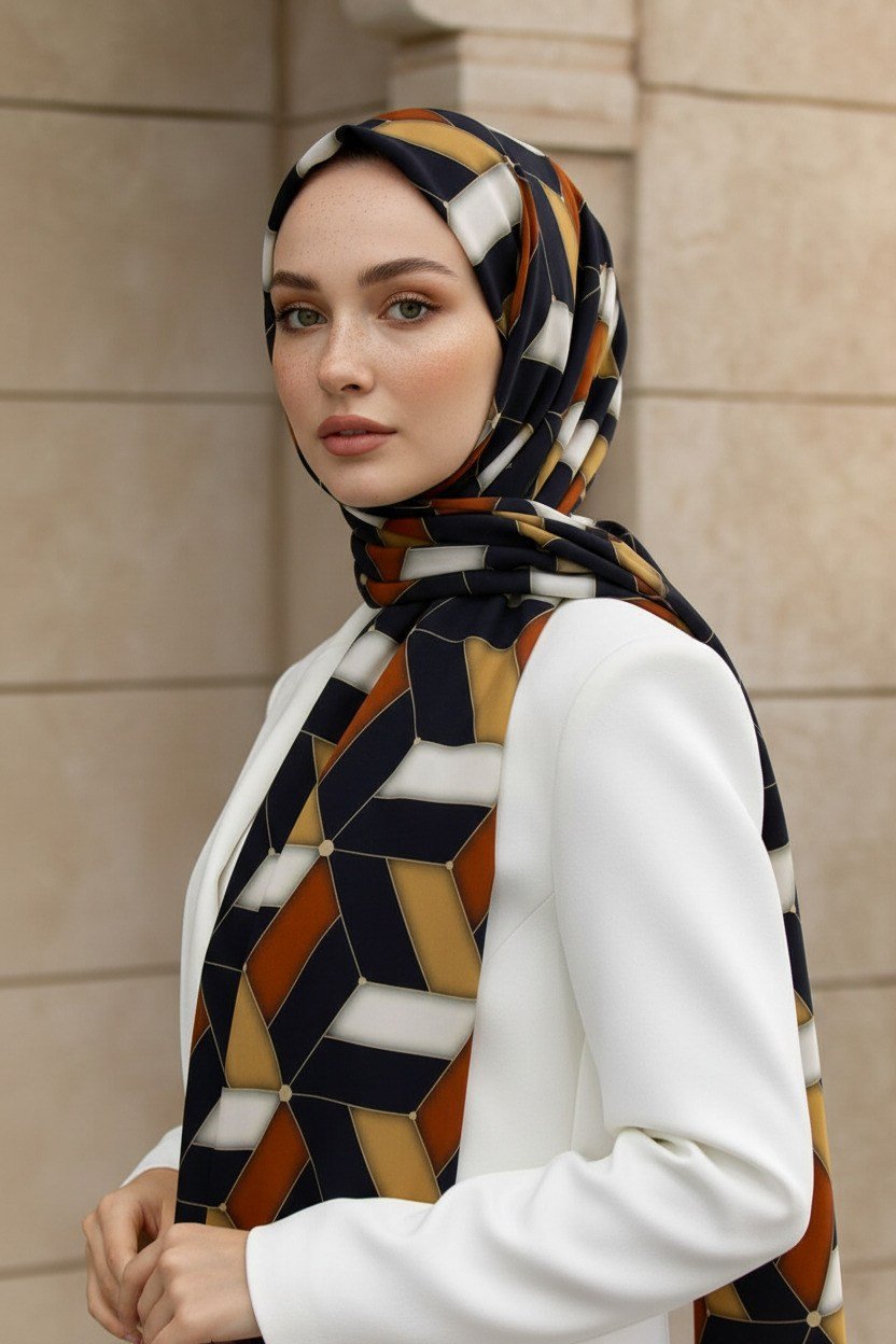 KREP GEOMETRİK DESENLİ GOLD RENKLİ 75X195 KIRIŞMAZ ŞAL