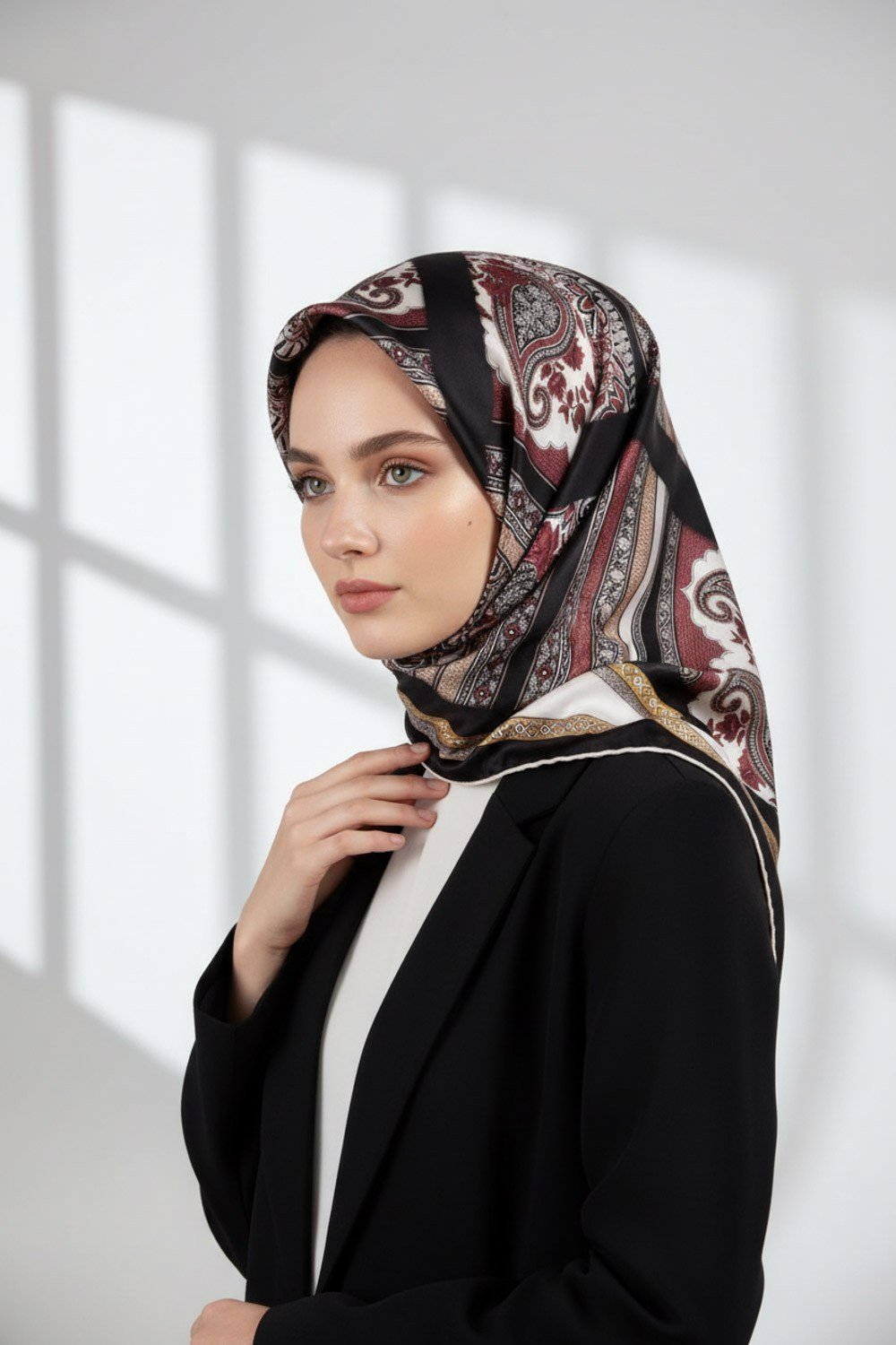 Twill Şal Desenli Siyah Renkli 90x90 Eşarp (İpek İçermez) Kenar Dikiş Şekli El Dikişli