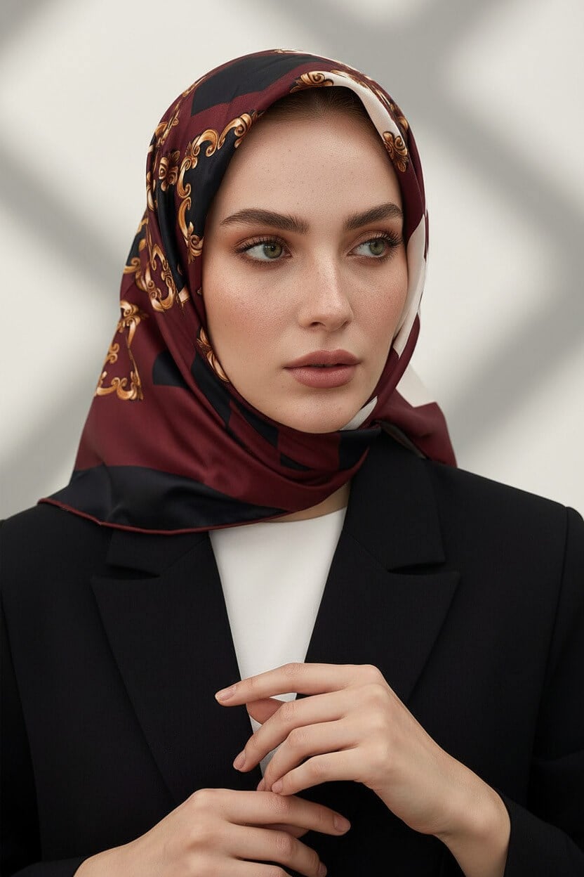 Twill Gold Detaylı Kare Desenli Siyah - Bordo Renkli 90x90 Eşarp (İpek İçermez) Kenar Dikiş Şekli El Dikişli