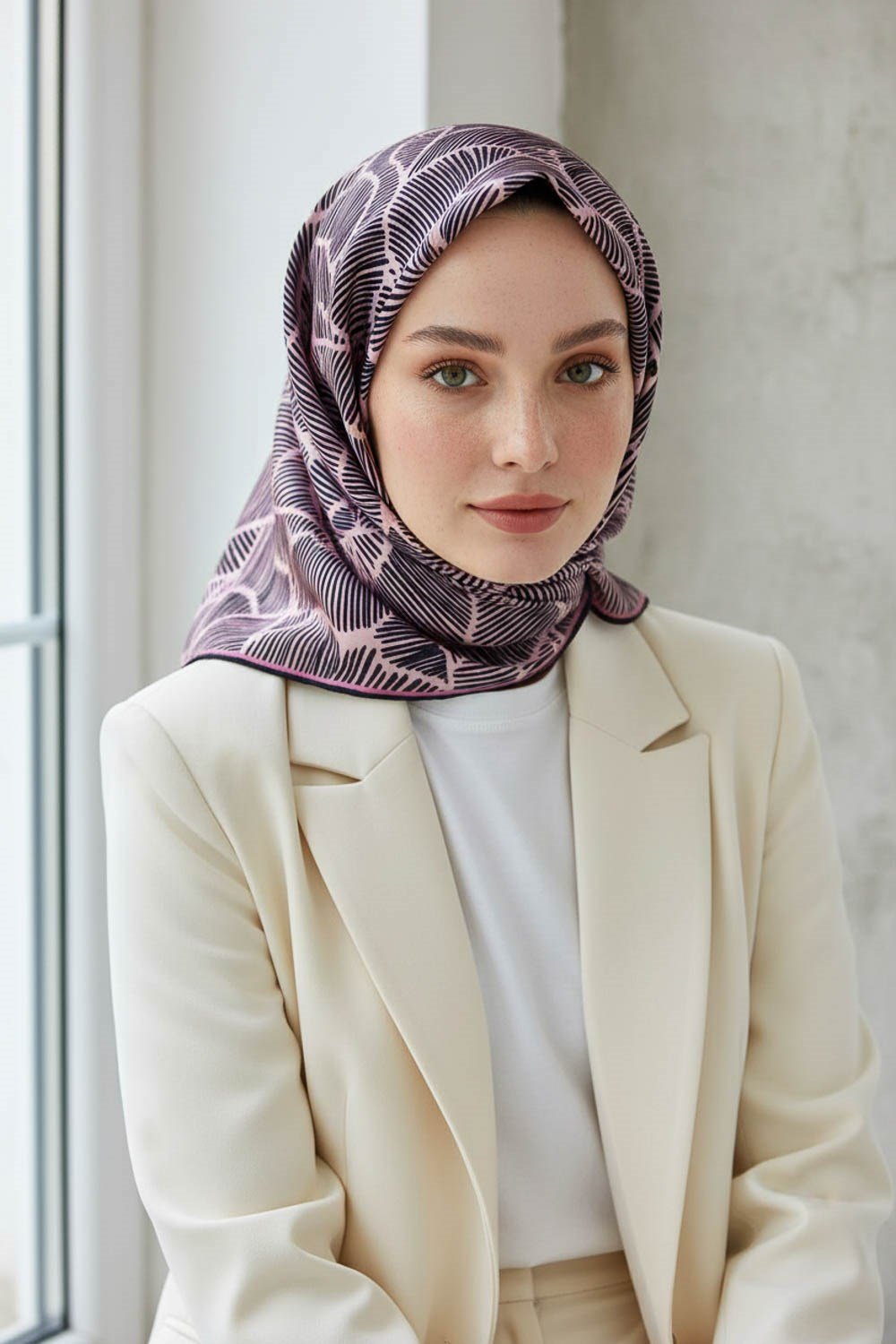 %100 Twill İpek Geometrik Desenli Pudra - Siyah Renkli 90x90 Eşarp Dikim Şekli : El Dikişi