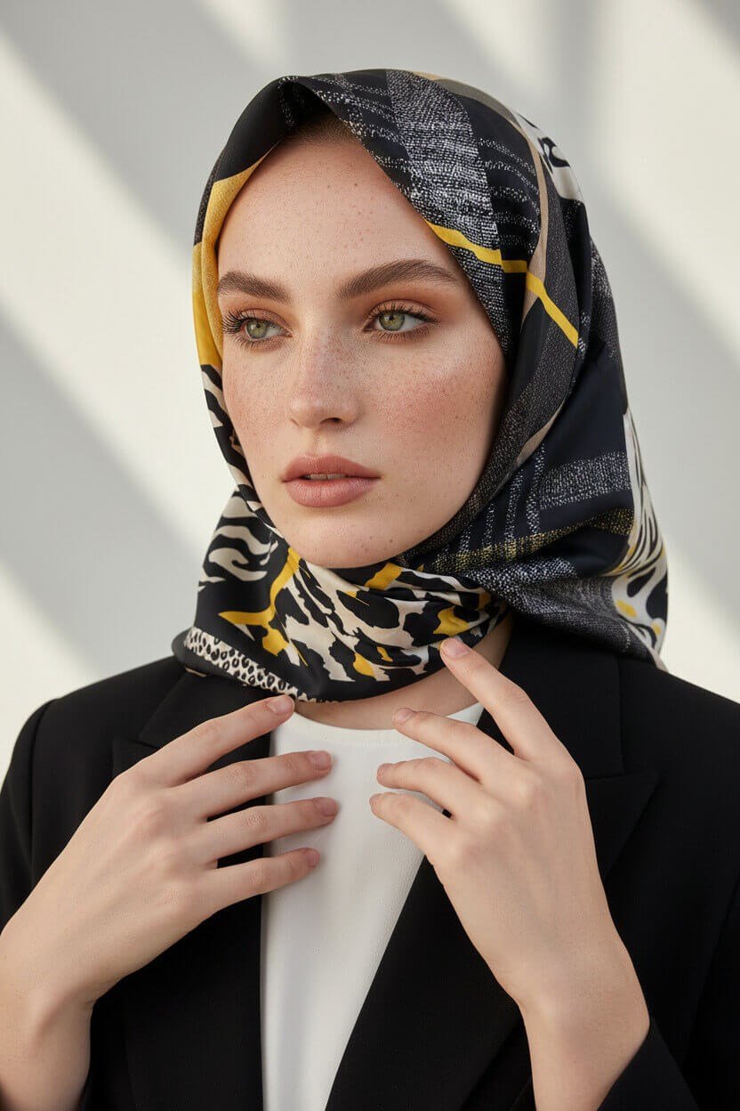 %100 Twill İpek Ekoseli Ve Leopar Desenli Siyah - Gold Renkli 90x90 Eşarp Dikim Şekli : El Dikişi