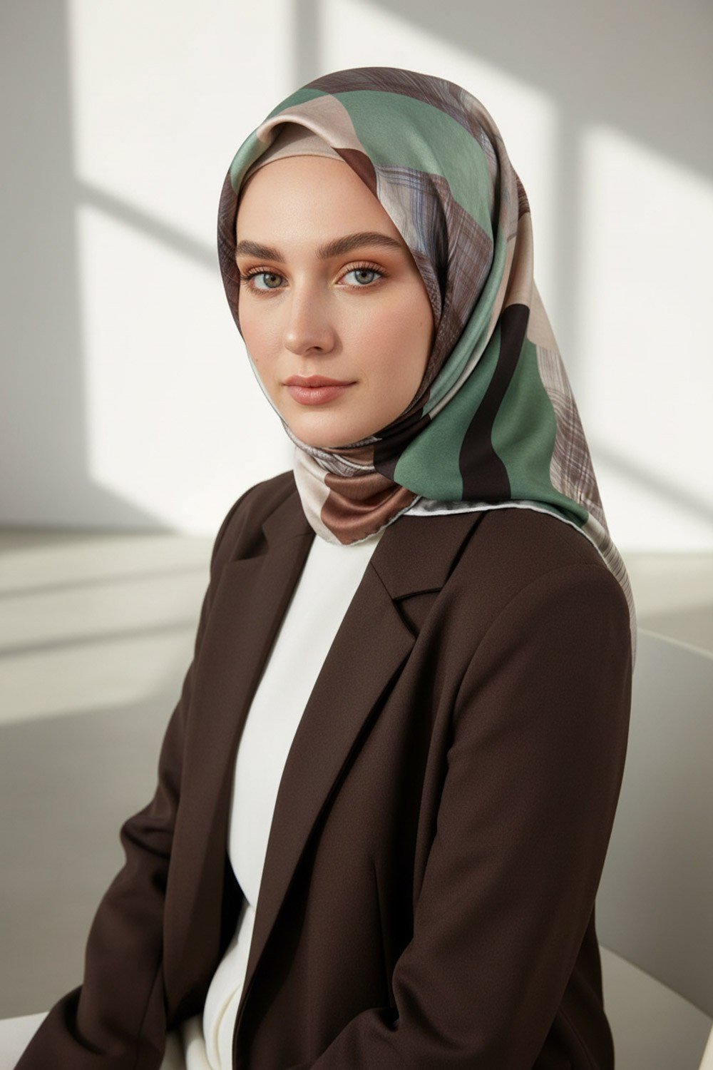 Twill Geometrik Desenli Kahverengi Renkli 90x90 Eşarp (İpek İçermez) Kenar Dikiş Şekli El Dikişli