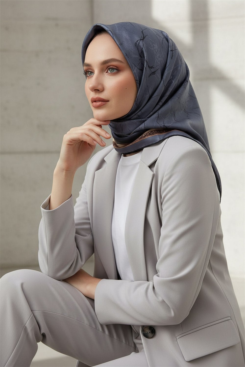 % 57 İPEK % 43 VİSKON Twill İpek Mermer Desenli Gri Renkli 90x90 Eşarp Dikim Şekli : El Dikişi