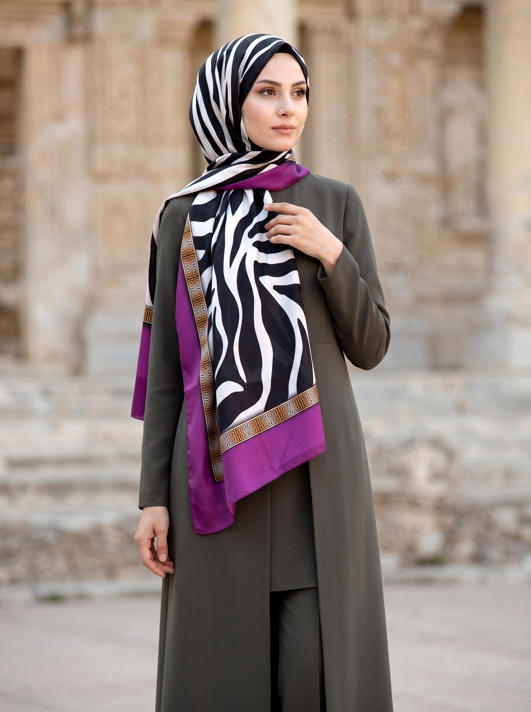 %100 Saf İpek Şal İnce Saten Vual Dokuma Zebra Desenli 90x210 Şal