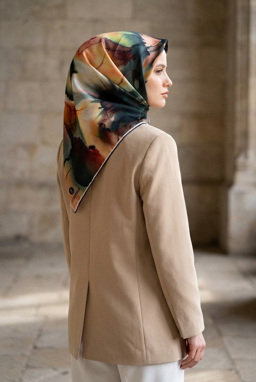 %100 Twill İpek Batik Çiçek Desenli Zümrüt Yeşili - Hardal Renkli 90x90 Eşarp Kenar Dikiş Şekli El Dikişli