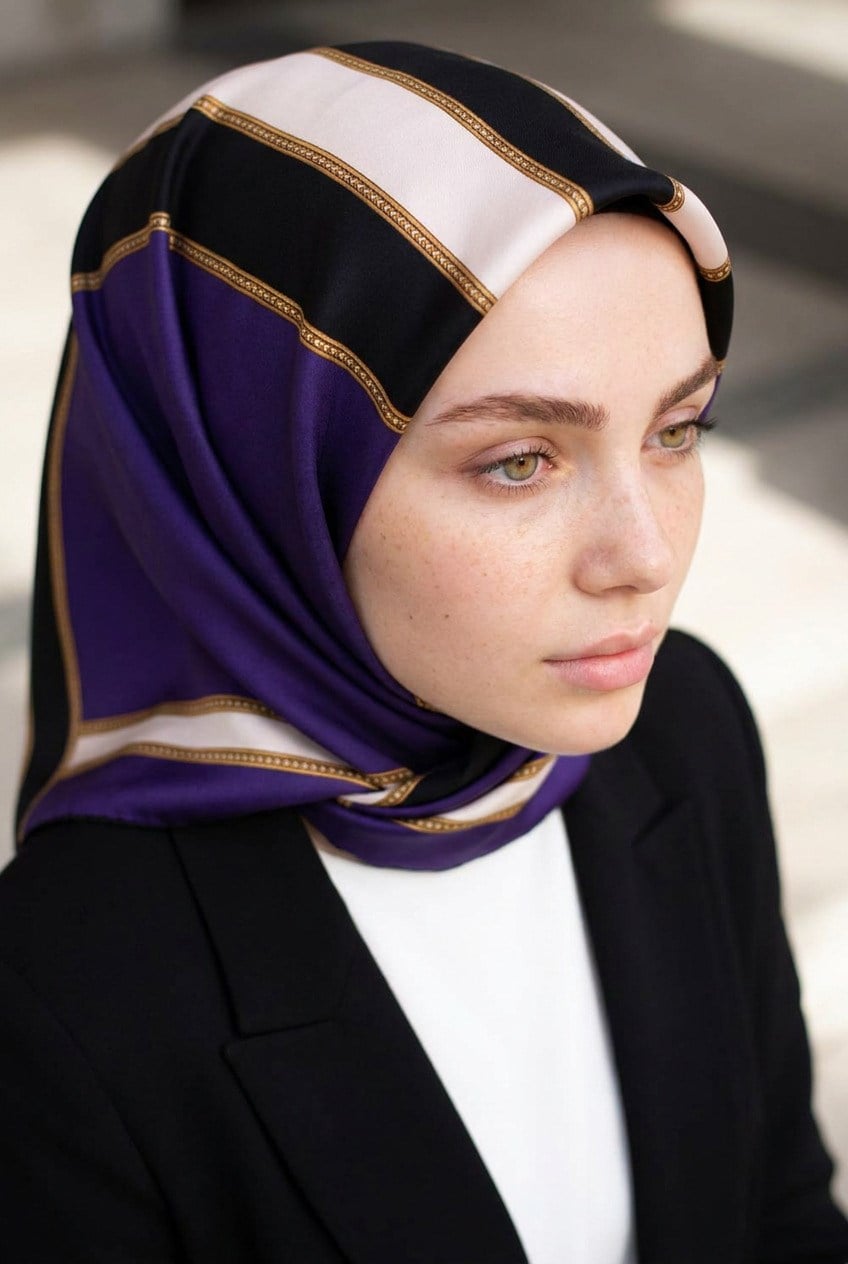 %100 Twill İpek Barok Ve Şerit Desenli Mor - Siyah Renkli 90x90 Eşarp Dikim Şekli : El Dikişi