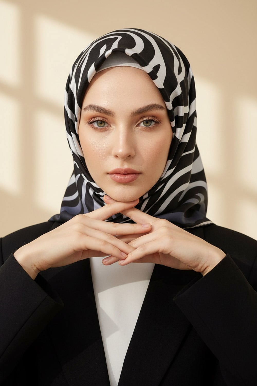 %100 Twill İpek Zebra Desenli Gümüş - Siyah Renkli 90x90 Eşarp Dikim Şekli : El Dikişi
