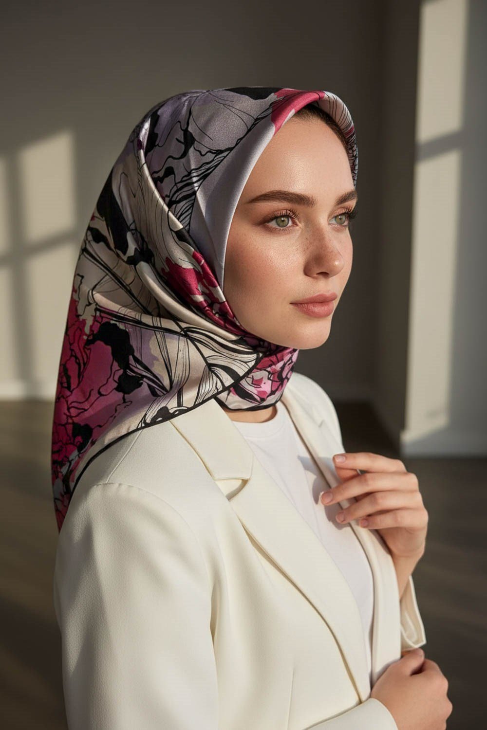 %100 Twill İpek Yaprak Desenli İndigo - Bordo Renkli 90x90 Eşarp Dikim Şekli : El Dikişi