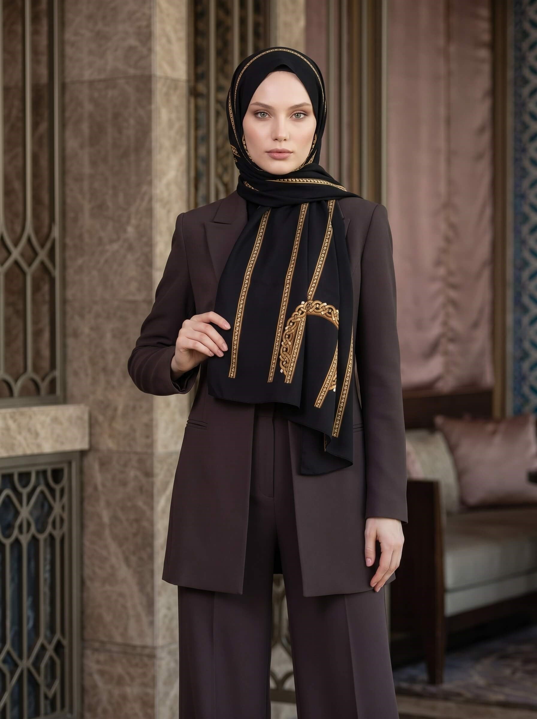 KREP ZİNCİR DESENLİ SİYAH RENKLİ 75X195 KIRIŞMAZ ŞAL