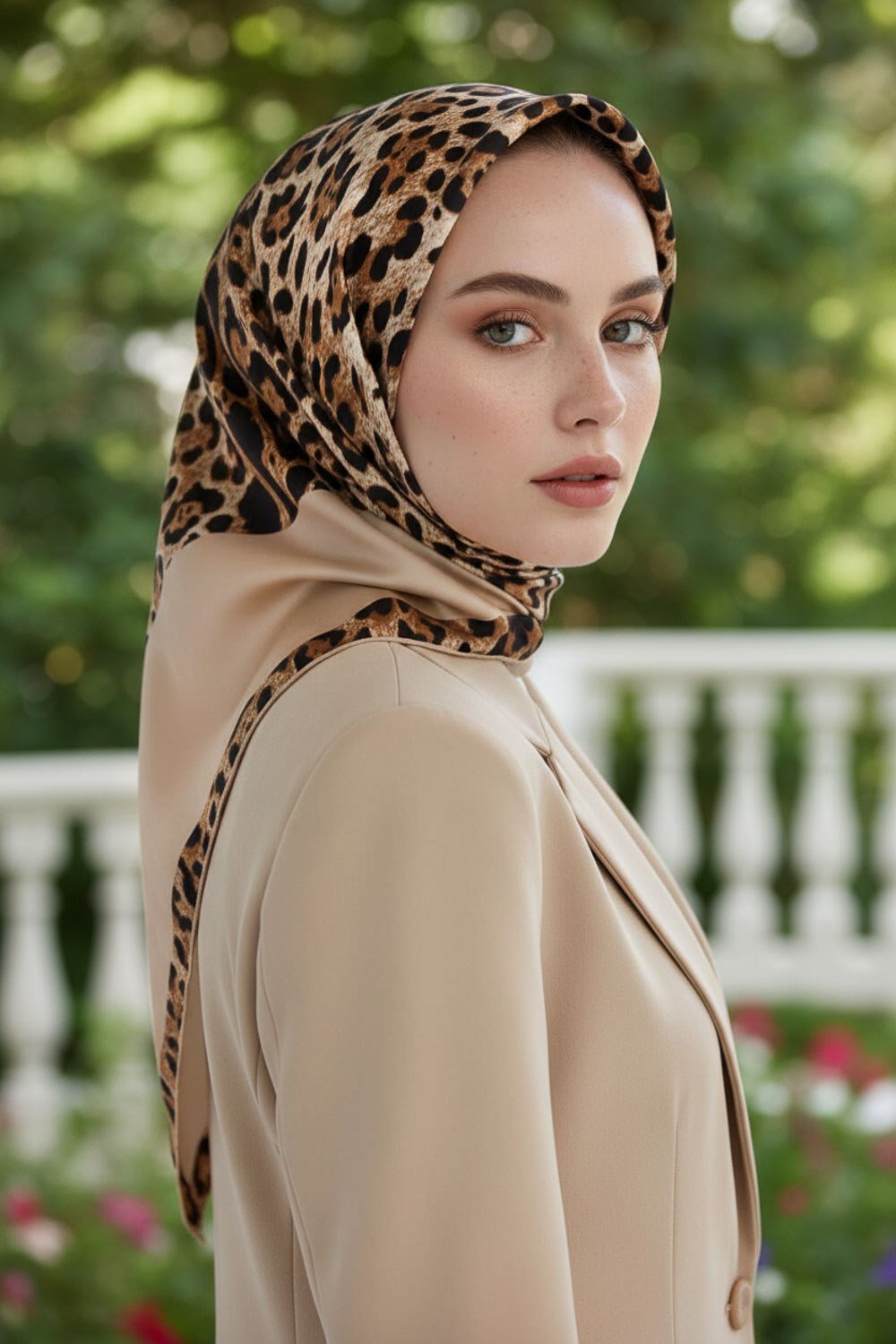 %100 Twill İpek Leopar Desenli Bej Renkli 90x90 Eşarp Dikim Şekli : El Dikişi