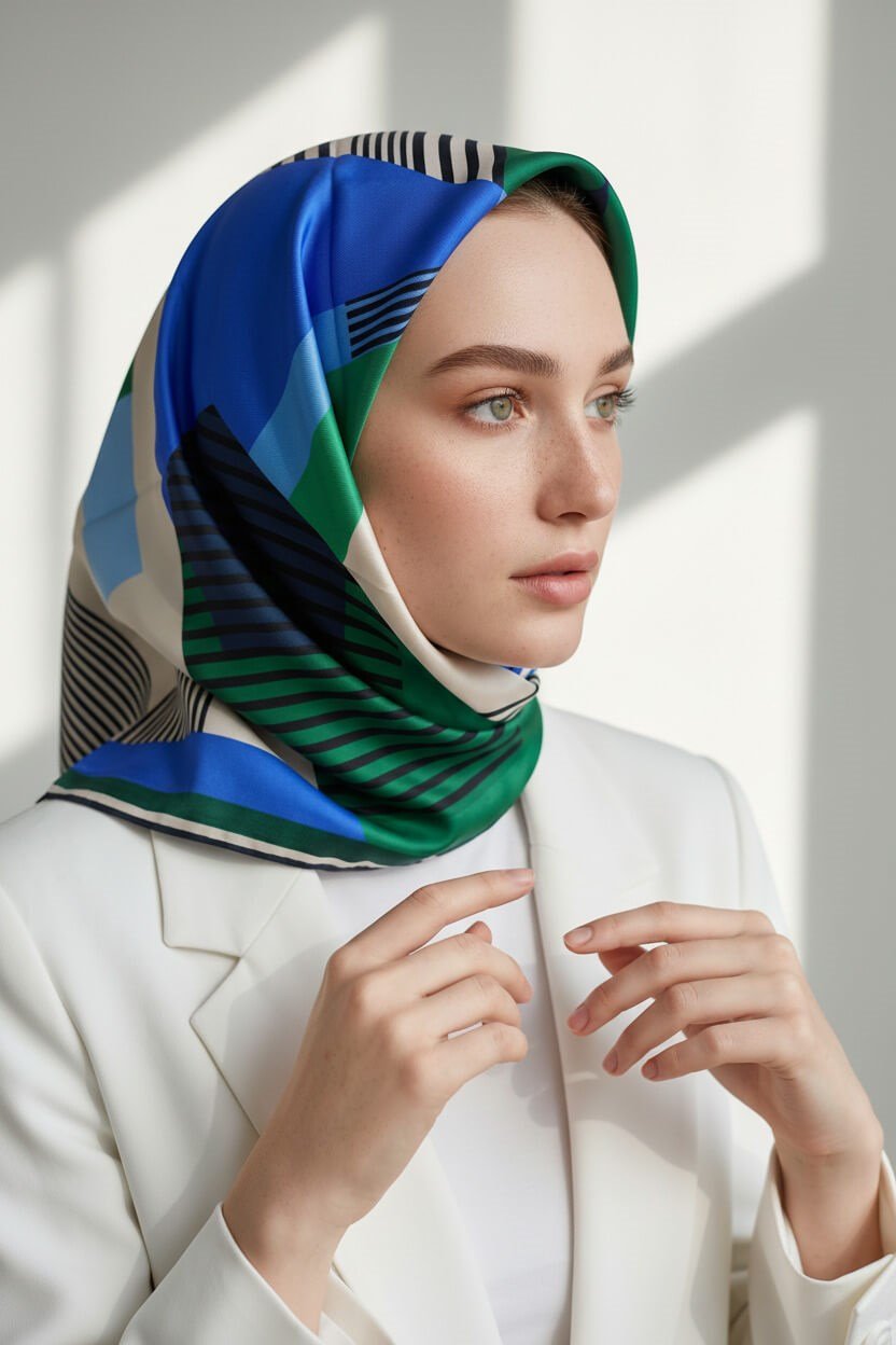 100% Twill İpek Geometrik Desenli Saks - Zümrüt Yeşili Renkli 90x90 Dikim Şekli : El Dikişi Eşarp
