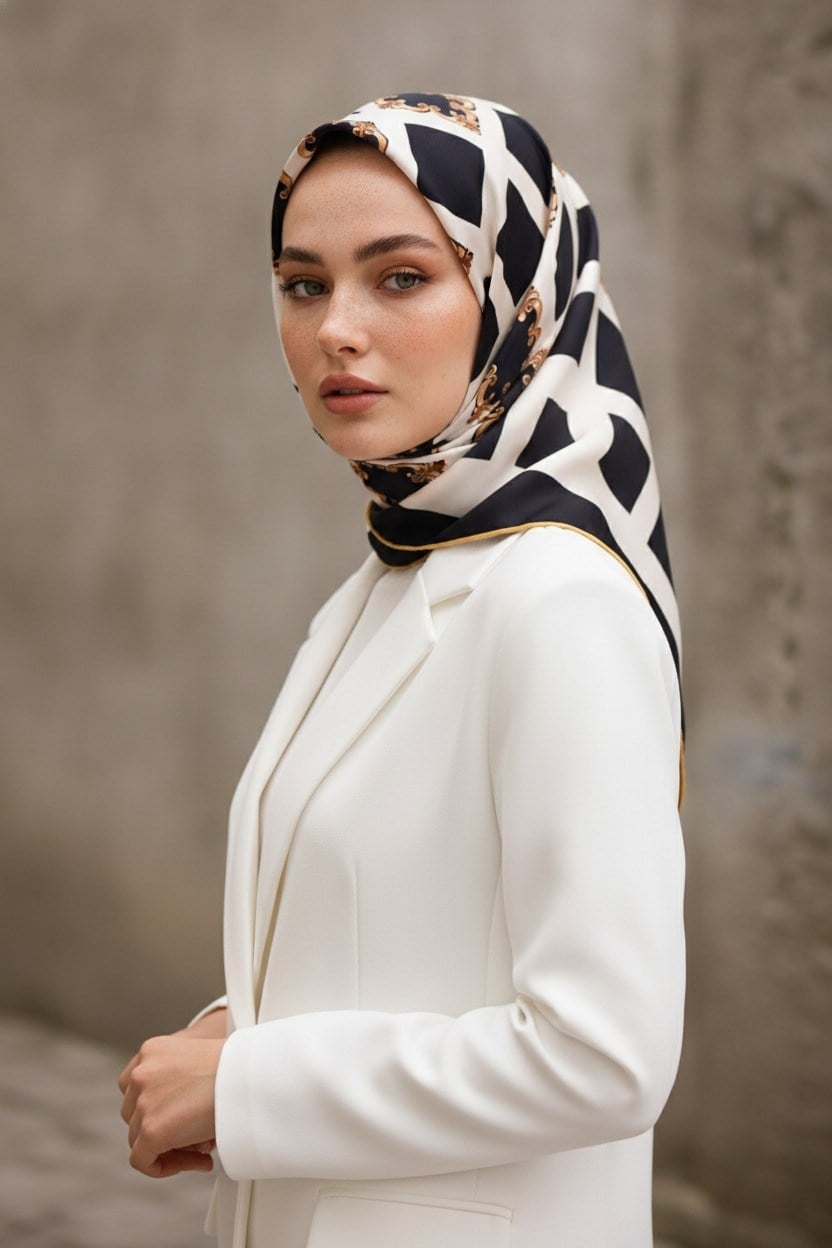 %100 Twill İpek Nostalji  Desen SİYAH / KREM Renkli 90x90 Eşarp Dikim Şekli : El Dikişi