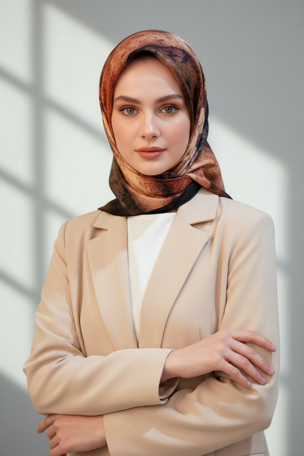 %100 Twill İpek Dokulu Ve Geometrik Desenli Taba - Hardal Renkli 90x90 Eşarp Dikim Şekli : El Dikişi