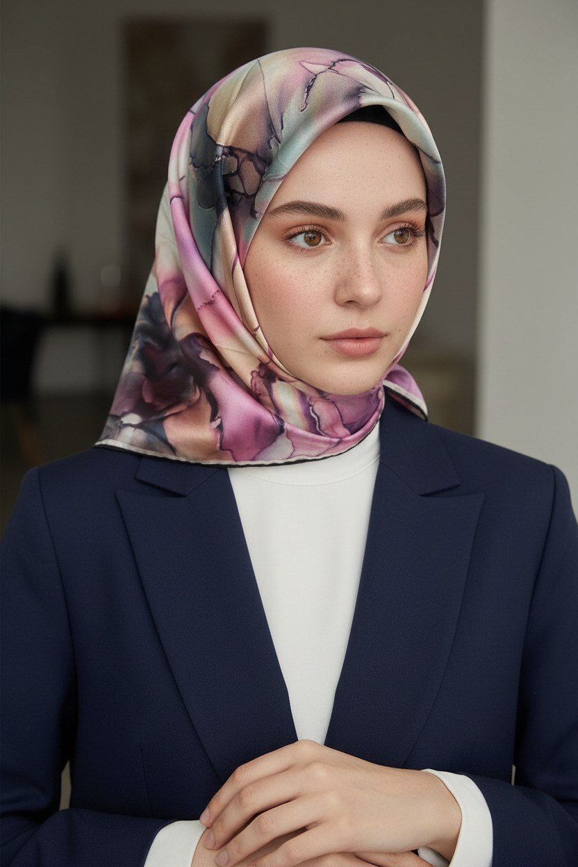 %100 Twill İpek Batik Çiçek Desenli Somon - Lila Renkli 90x90 Eşarp Kenar Dikiş Şekli El Dikişli