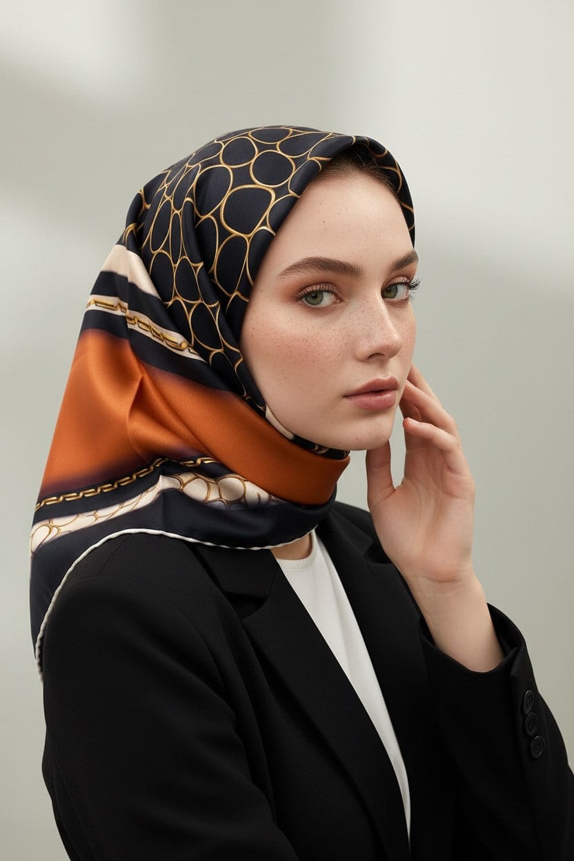 % 57 İPEK % 43 VİSKON Twill İpek Gold Halka Desenli Taba - Siyah Renkli 90x90 Eşarp Dikim Şekli : El Dikişi