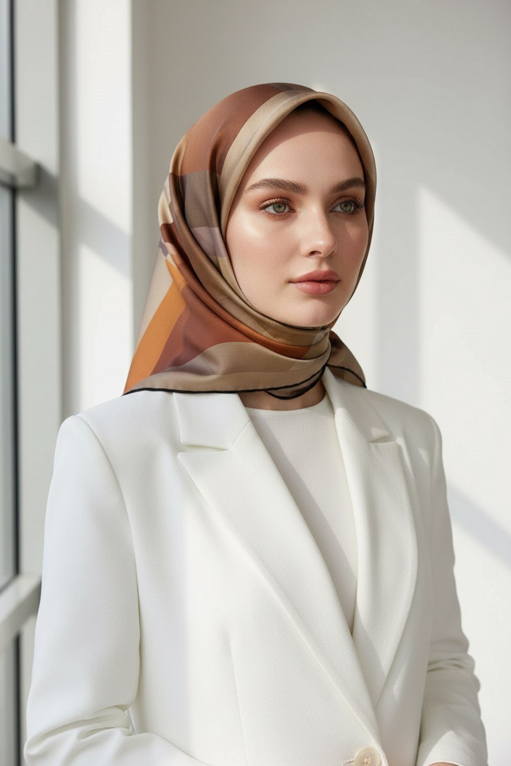 %100 Twill İpek Geometrik Desenli Kahverengi - Taba Renkli 90x90 Eşarp Dikim Şekli : El Dikişi