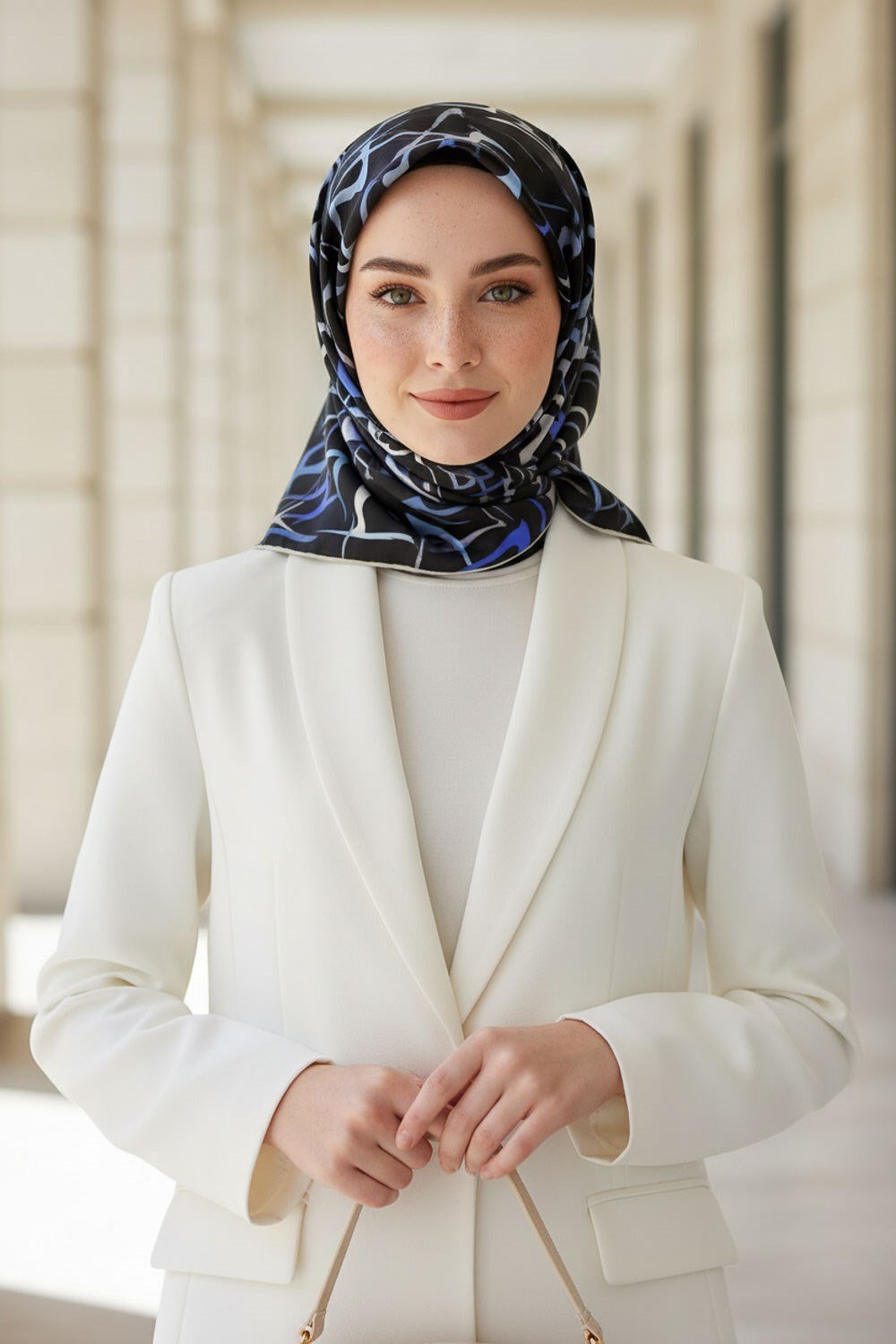 %100 Twill İpek Soyut Geometrik Desenli İndigo - Gri Renkli 90x90 Eşarp Dikim Şekli : El Dikişi