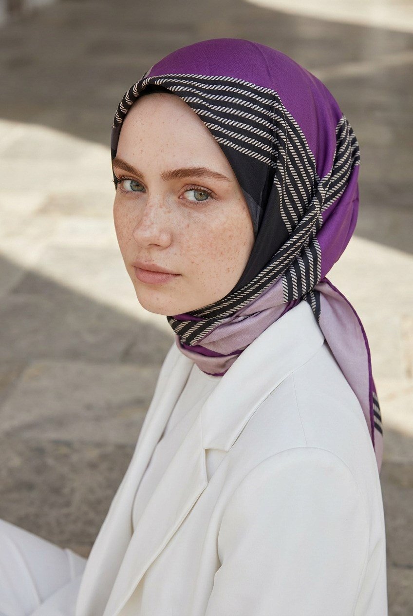 %100 Twill İpek Geometrik Desenli Mürdüm Renkli 90x90 Eşarp Dikim Şekli : El Dikişi