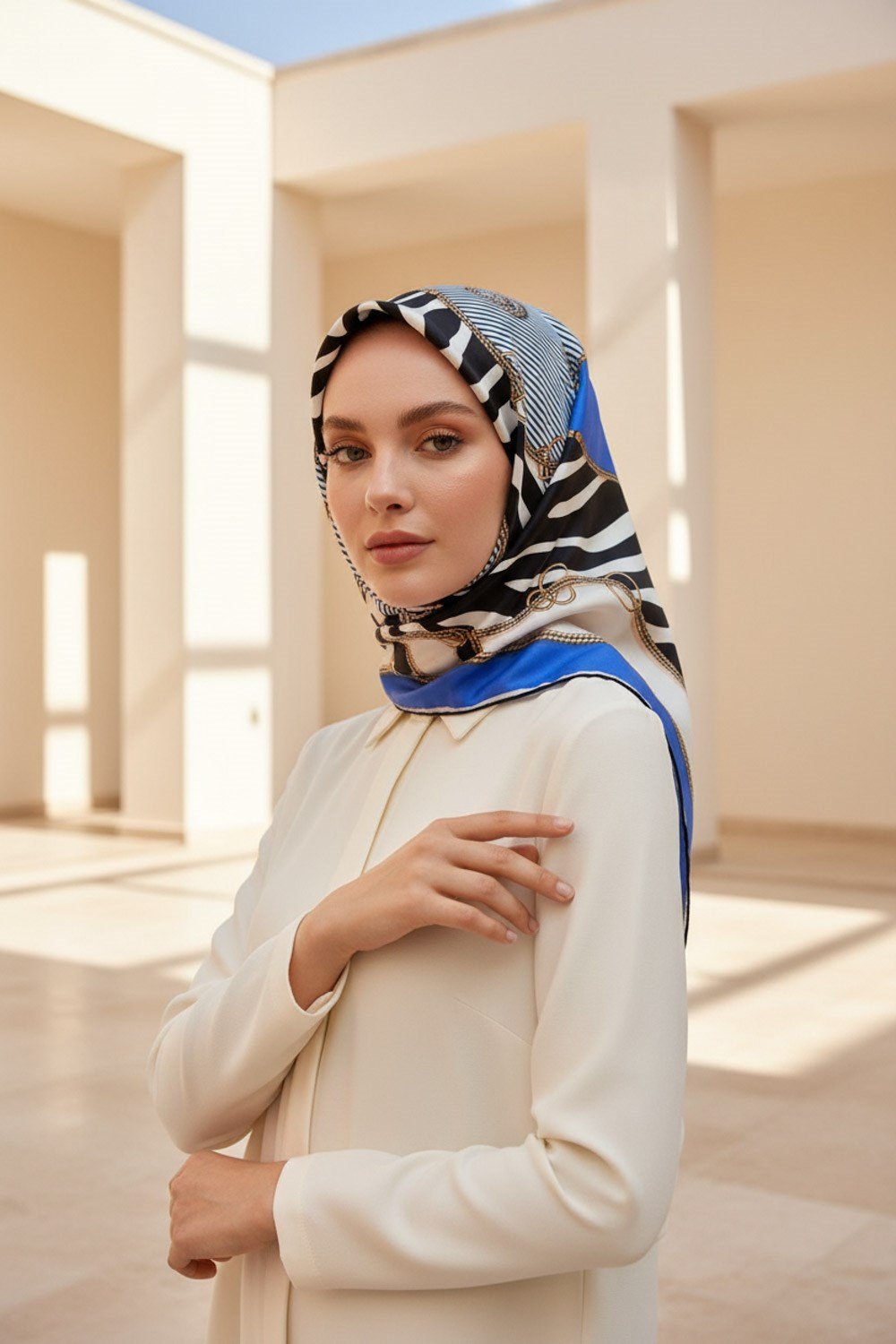 %100 Twill İpek Zincirli Ve Zebra Desenli Saks - Lacivert Renkli 90x90 Eşarp Dikim Şekli : El Dikişi