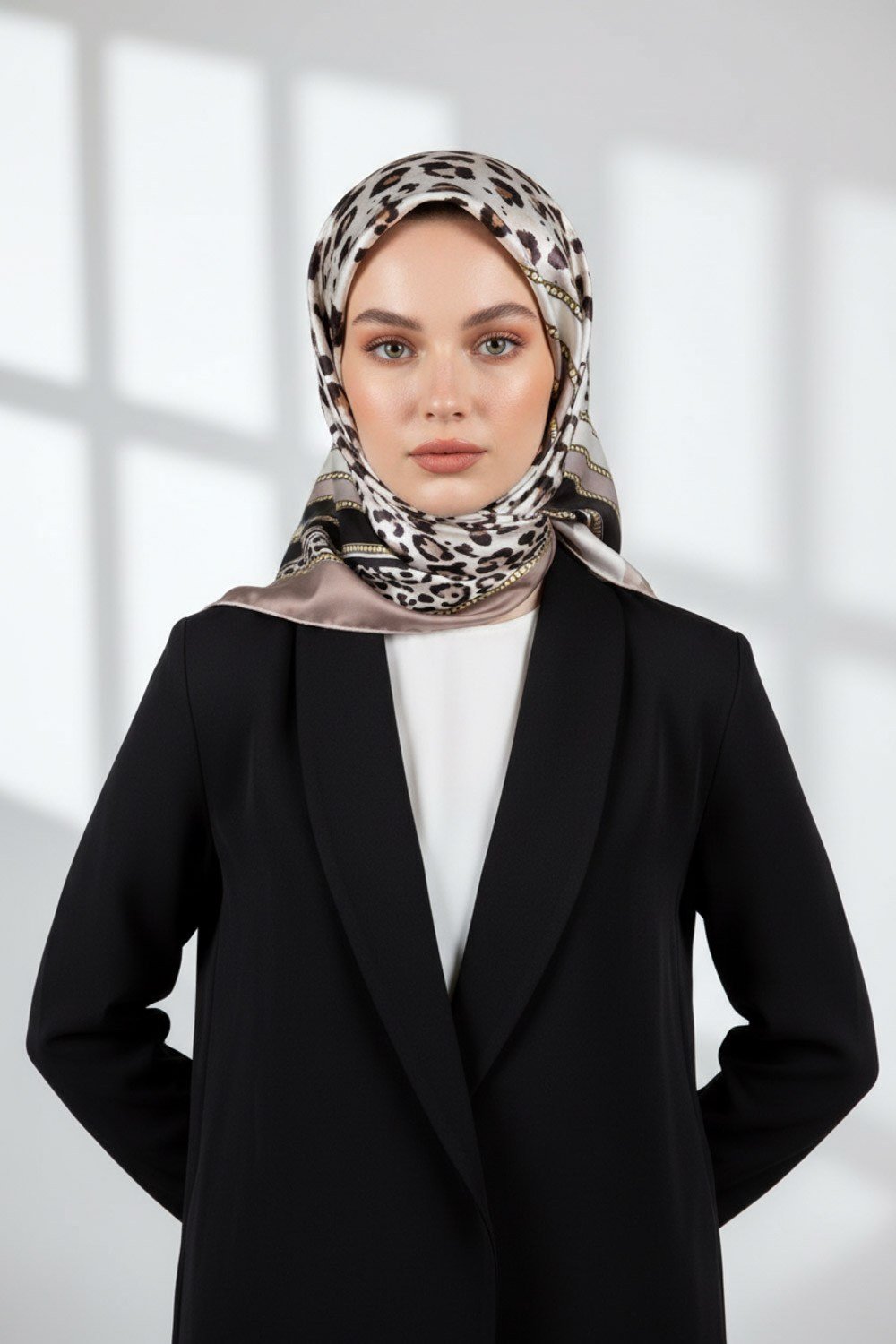 Twill Kemerli ve Leopar Desenli Bej Renkli 90x90 Eşarp (İpek İçermez) Dikim Şekli : El Dikişi