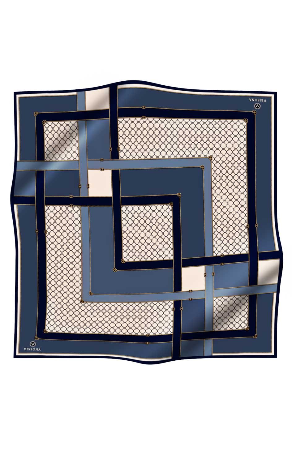 %100 Twill İpek Geometrik Desenli Lacivert - İndigo Renkli 90x90 Eşarp Dikim Şekli : El Dikişi
