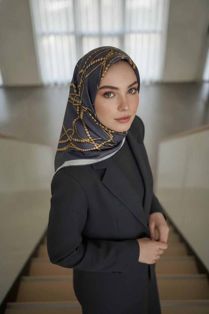 %100 Twill İpek İnci Desenli Gri Renkli 90x90 Eşarp Kenar Dikiş Şekli : El Dikişli