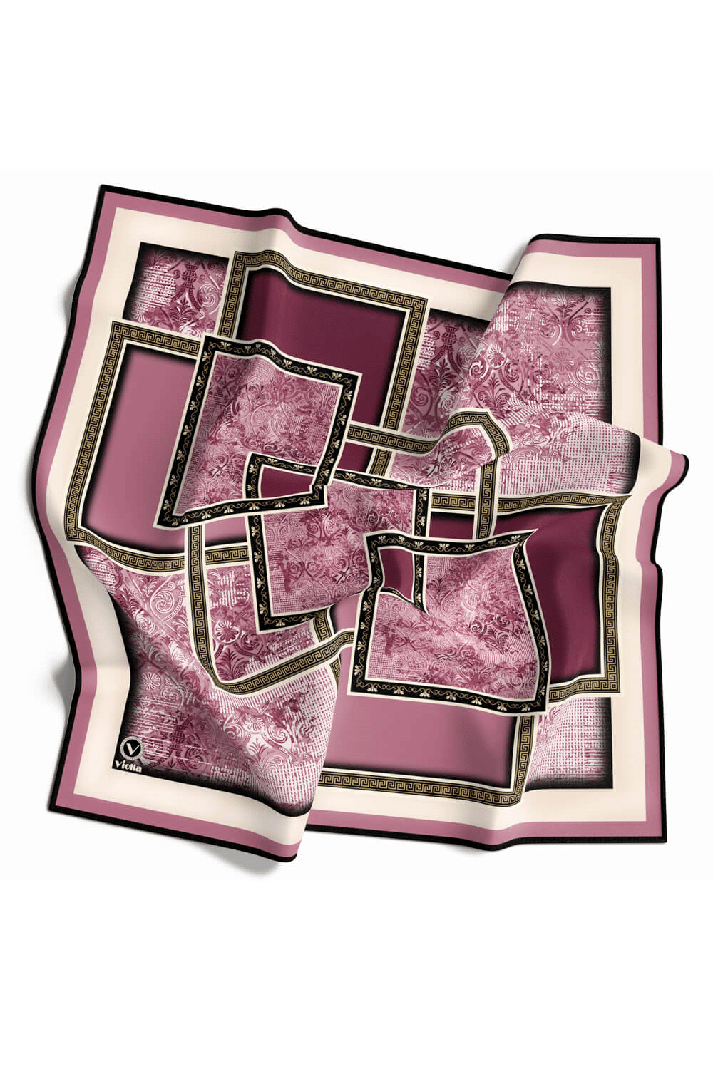 Twill Geometrik Desenli Mürdüm Renkli 90x90 Eşarp (İpek İçermez) Kenar Dikiş Şekli El Dikişli
