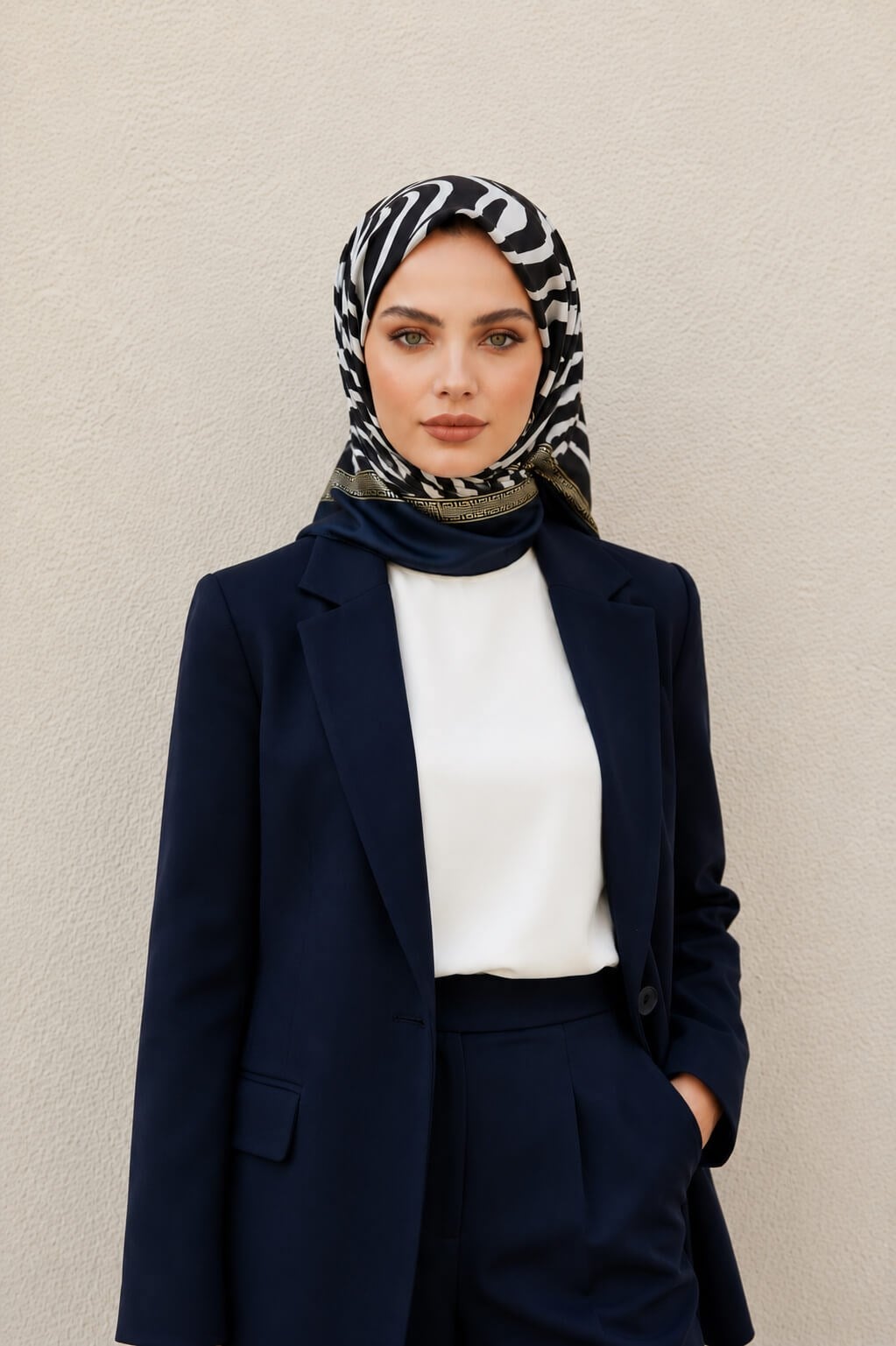 % 57 İPEK % 43 VİSKON Twill İpek Zebra Desenli Lacivert - Gold Renkli 90x90 Eşarp Dikim Şekli : El Dikişi