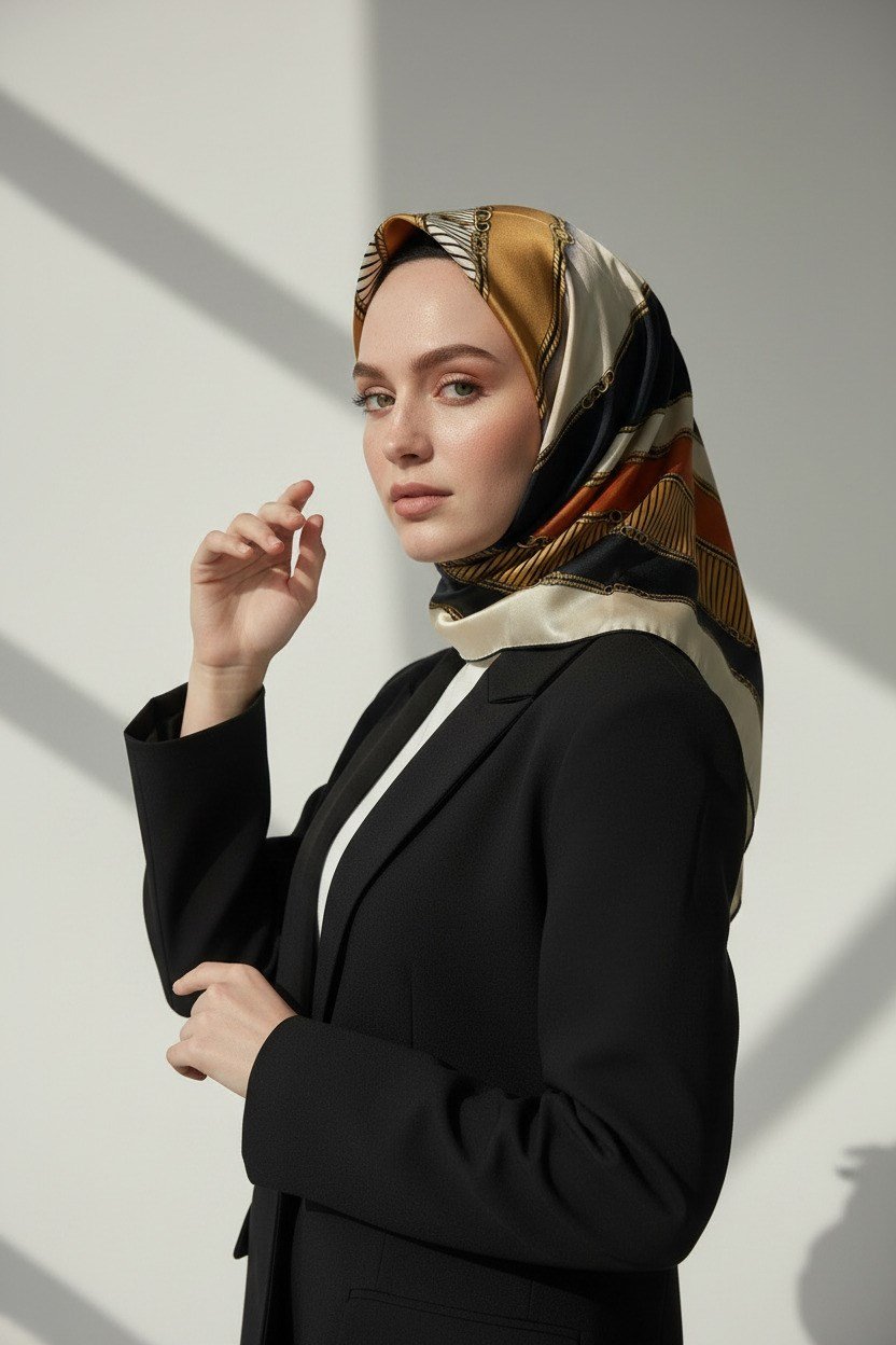%100 Twill İpek Zincir Detaylı Geometrik Desenli Taba - Vizon Renkli 90x90 Eşarp Dikim Şekli : El Dikişi