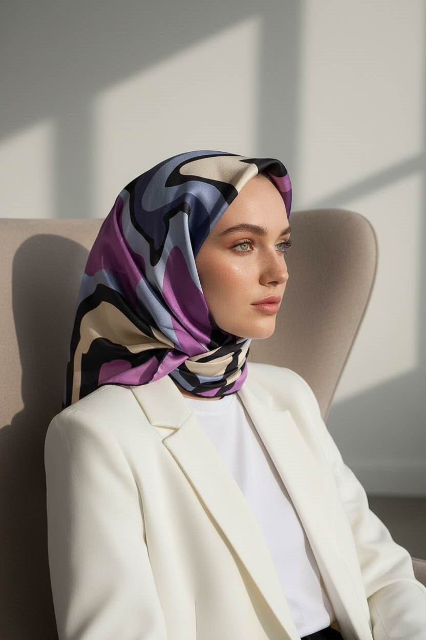 % 57 İPEK % 43 VİSKON Twill İpek Dalga Desenli İndigo - Lila Renkli 90x90 Dikim Şekli : El Dikişi Eşarp