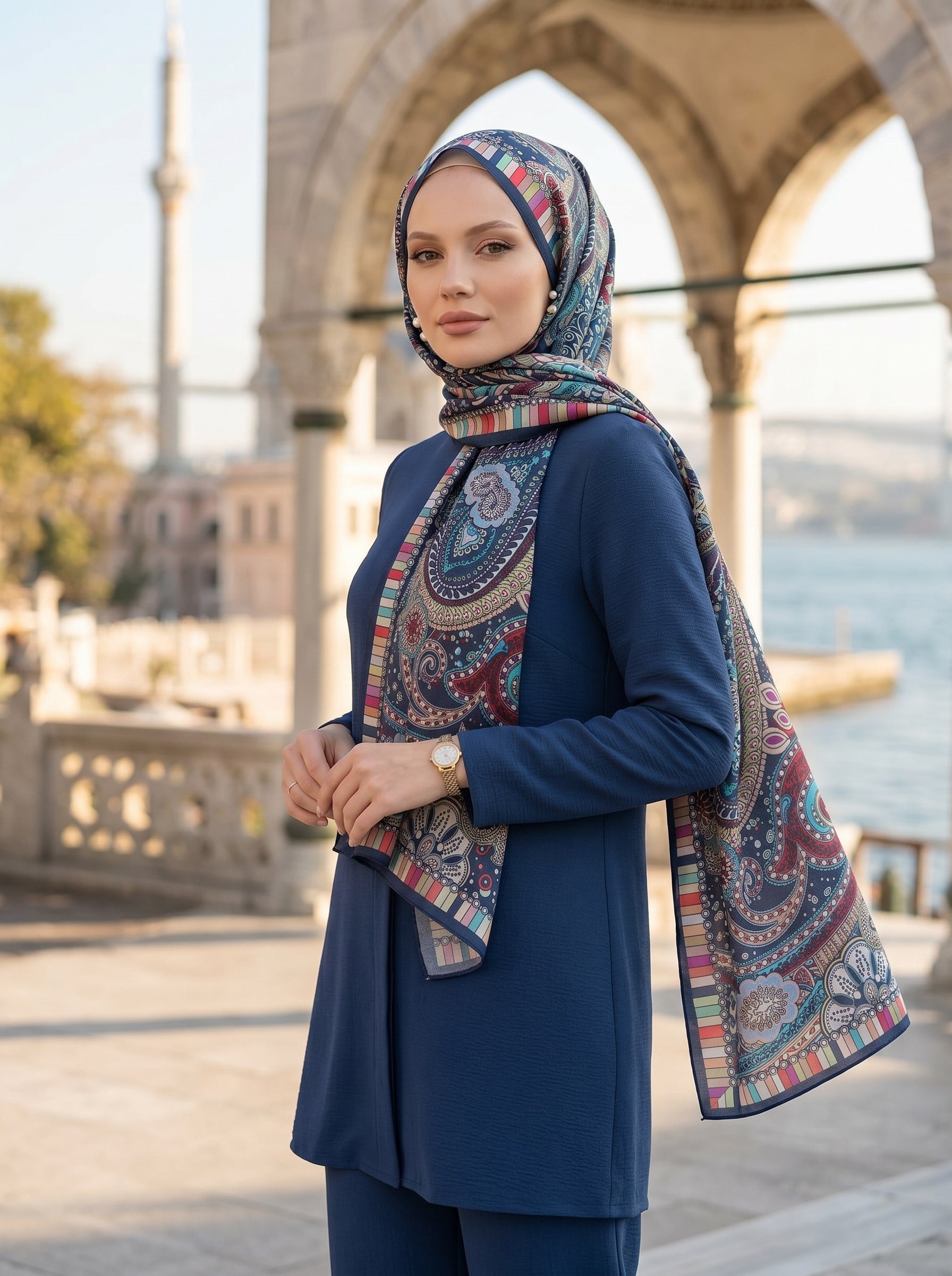%100 Saf İpek Şal İnce Saten Vual Dokuma Etro Desenli Lacivert Renkli 90x210 Şal