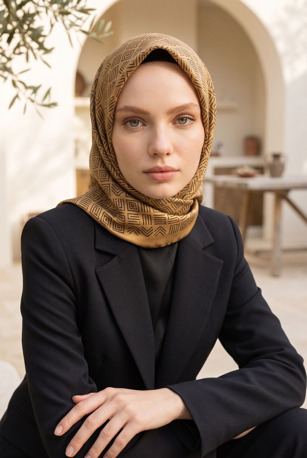 %57 İPEK %43 VİSKON Twill İpek Etnik Motif Desenli Siyah - Gold Renkli 90x90 Eşarp Dikim Şekli : El Dikişi