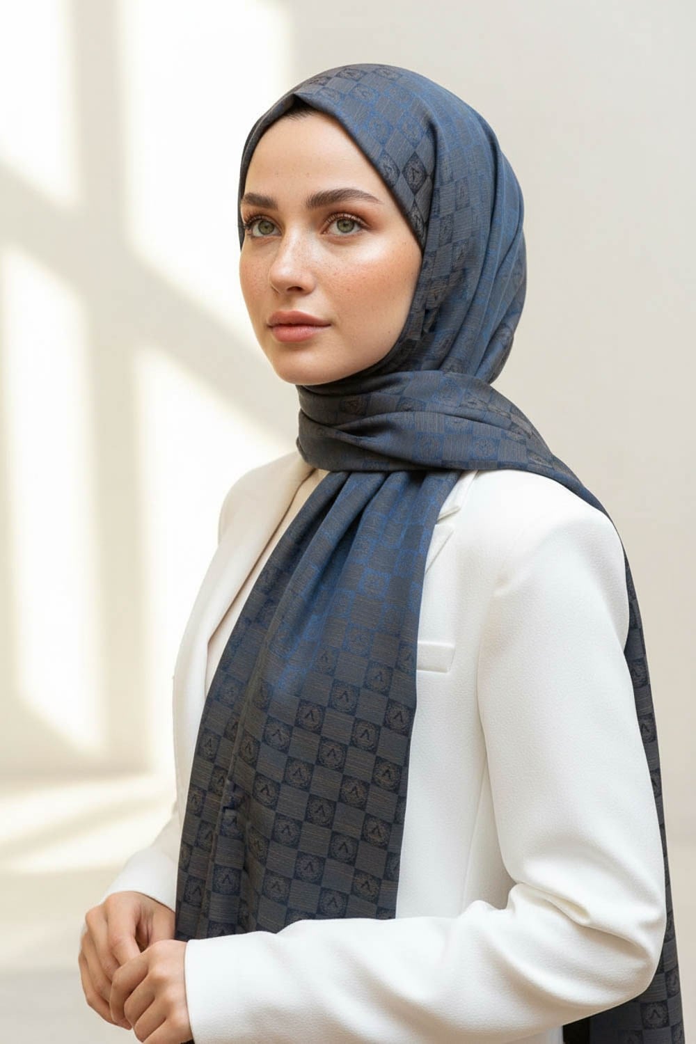 Vissona %57 İPEK %43 PAMUK Monogram Desenli Petrol Mavisi Renkli Şal -  70x190 Dikiş Tipi İtalyan Dikişli