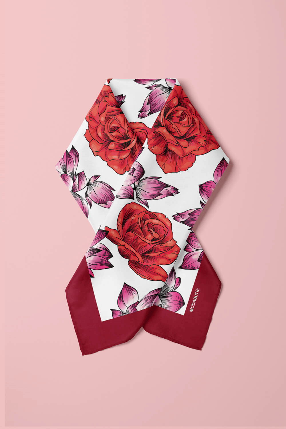 Y57 Kadın Çiçek Desenli Bandana 50x50 Kırmızı DG0139-2