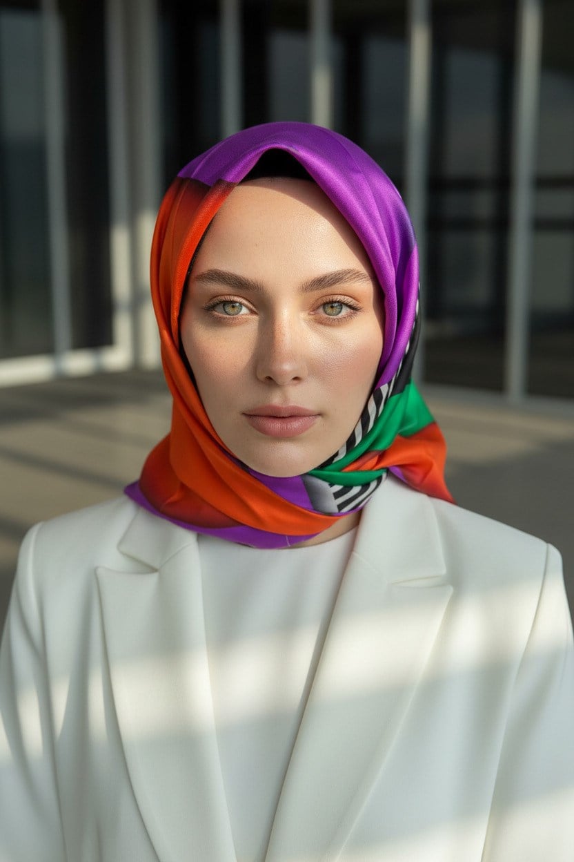 %100 Twill Renk Bloklu Çizgili Desenli Mor - Zümrüt Yeşili Renkli 90x90 Eşarp Dikim Şekli: El Dikişii