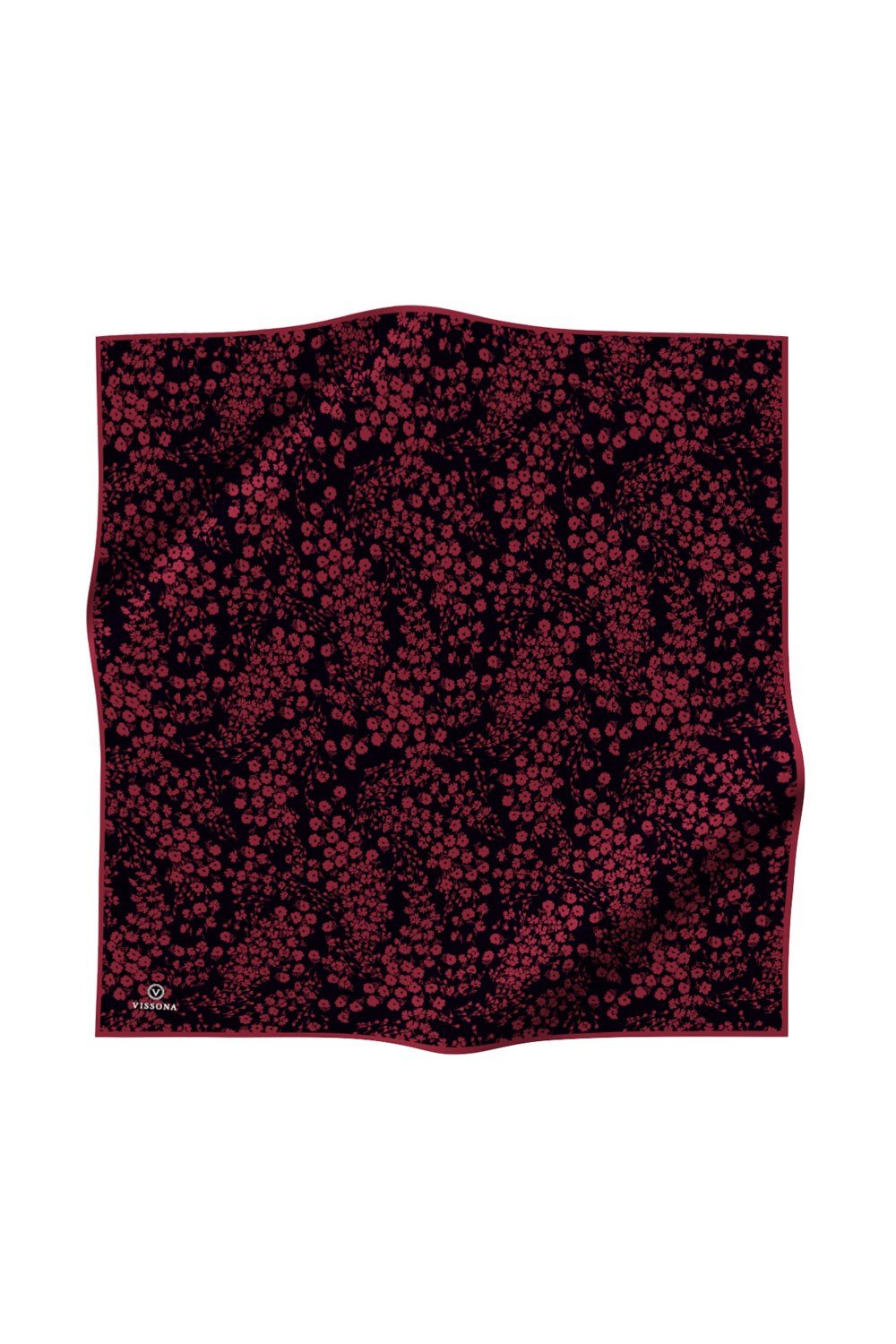 %100 Twill İpek Çıtır Çiçek Desenli Siyah - Bordo Renkli 90x90 Eşarp Dikim Şekli : El Dikişi