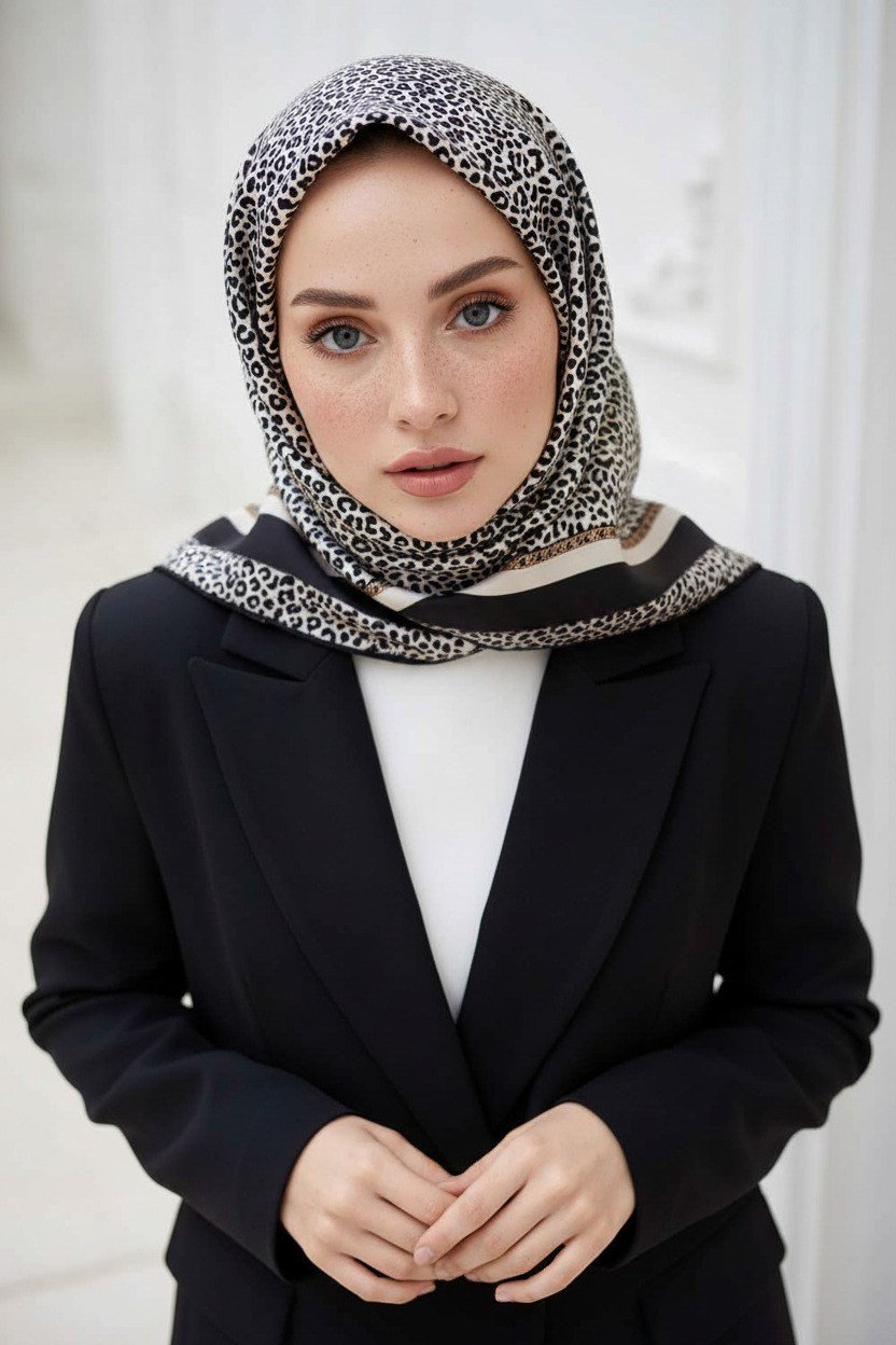 % 57 İPEK % 43 VİSKON Twill İpek Leopar Desenli Krem - Siyah Renkli 90x90 Eşarp Dikim Şekli : El Dikişi