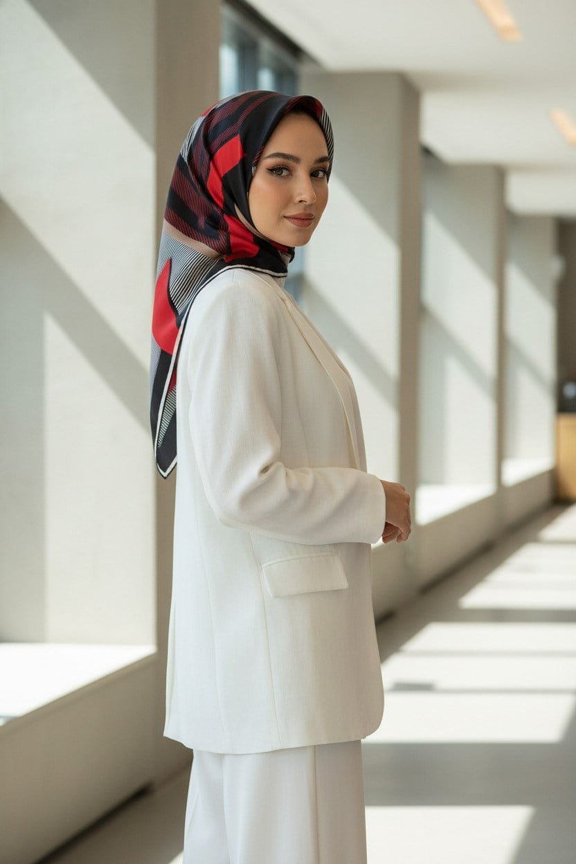 % 57 İPEK % 43 VİSKON Twill İpek Geometrik Desenli Bordo - Siyah Renkli 90x90 Eşarp Dikim Şekli : El Dikişi
