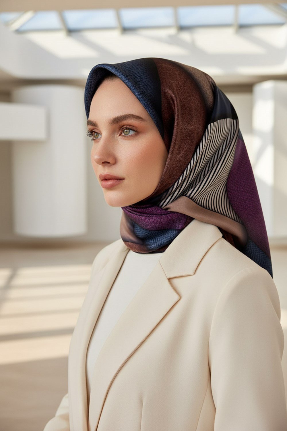 %100 Twill İpek Dokulu ve Geometrik Desenli Lacivert - Mürdüm Renkli 90x90 Eşarp Dikim Şekli : El Dikişi