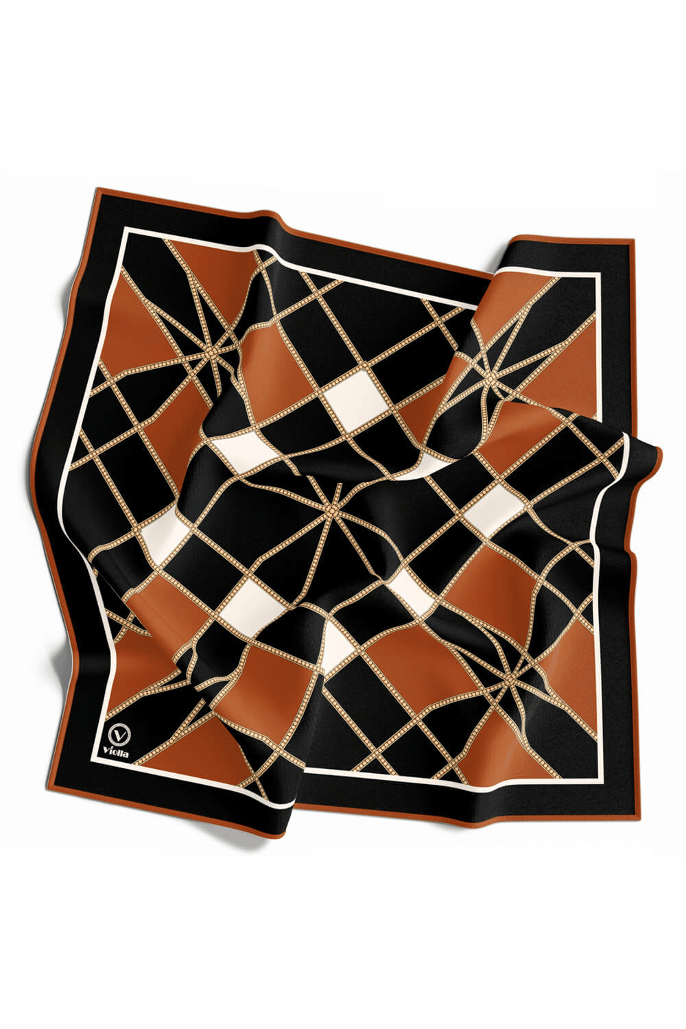 Twill Gold Detaylı Geometrik Çiçekli Desenli Taba Renkli 90x90 Eşarp (İpek İçermez) Kenar Dikiş Şekli El Dikişli