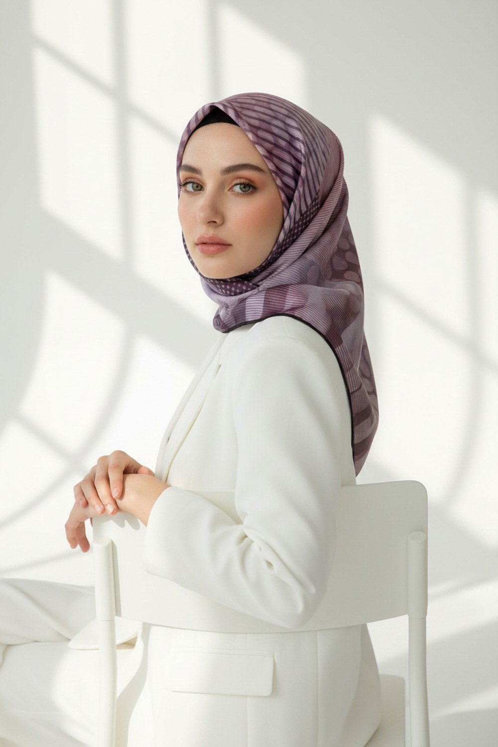 Twill Geometrik Desenli Lila Renkli 90x90 Eşarp (İpek İçermez) Kenar Dikiş Şekli El Dikişli