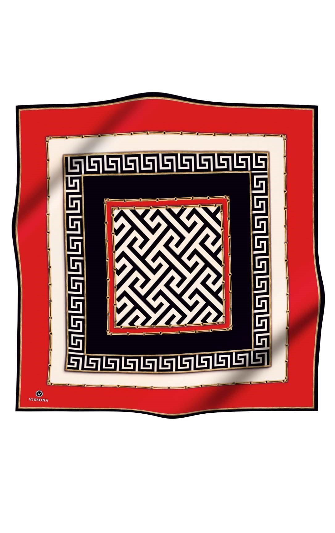 % 57 İPEK % 43 VİSKON Twill İpek Labirent Ve Geometrik Desenli Kırmızı - Siyah Renkli 90x90 Eşarp Dikim Şekli : El Dikişi