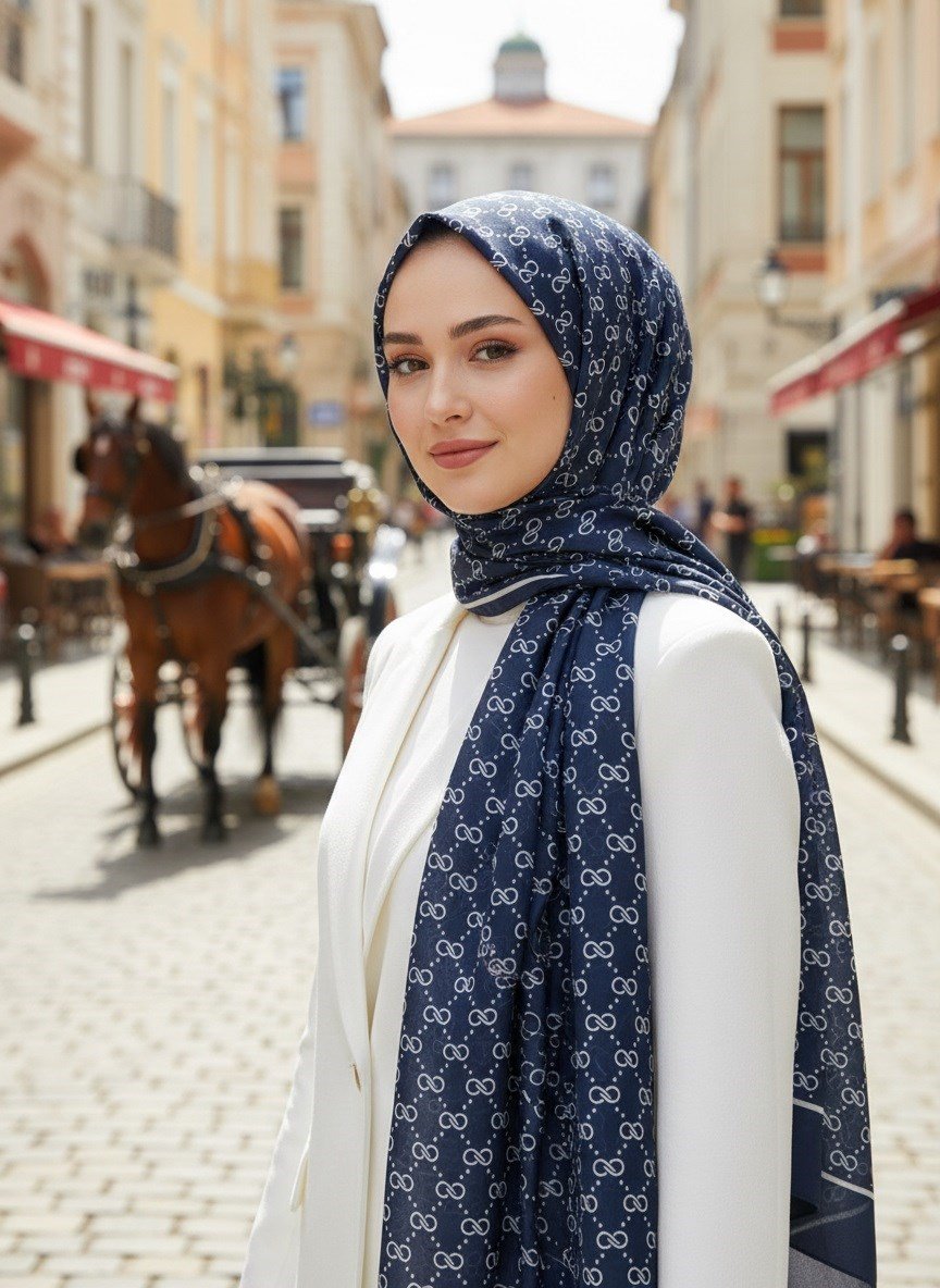 %100 Saf İpek Şal İnce Saten Vual Dokuma Minik Motif Desenli Lacivert - Krem Renkli 90x210 Şal