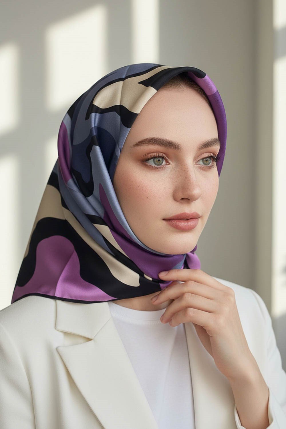 100% Twill İpek Dalga Desenli İndigo - Lila Renkli 90x90 Dikim Şekli : El Dikişi Eşarp
