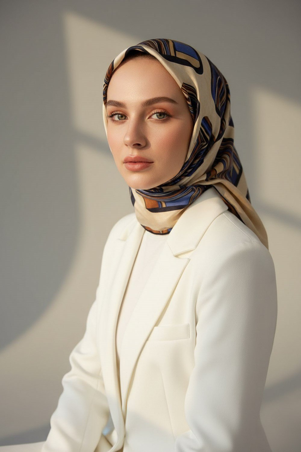 %100 Twill İpek Geometrik Kare Desenli Bej - Lacivert Renkli 90x90 Eşarp Dikim Şekli : El Dikişi