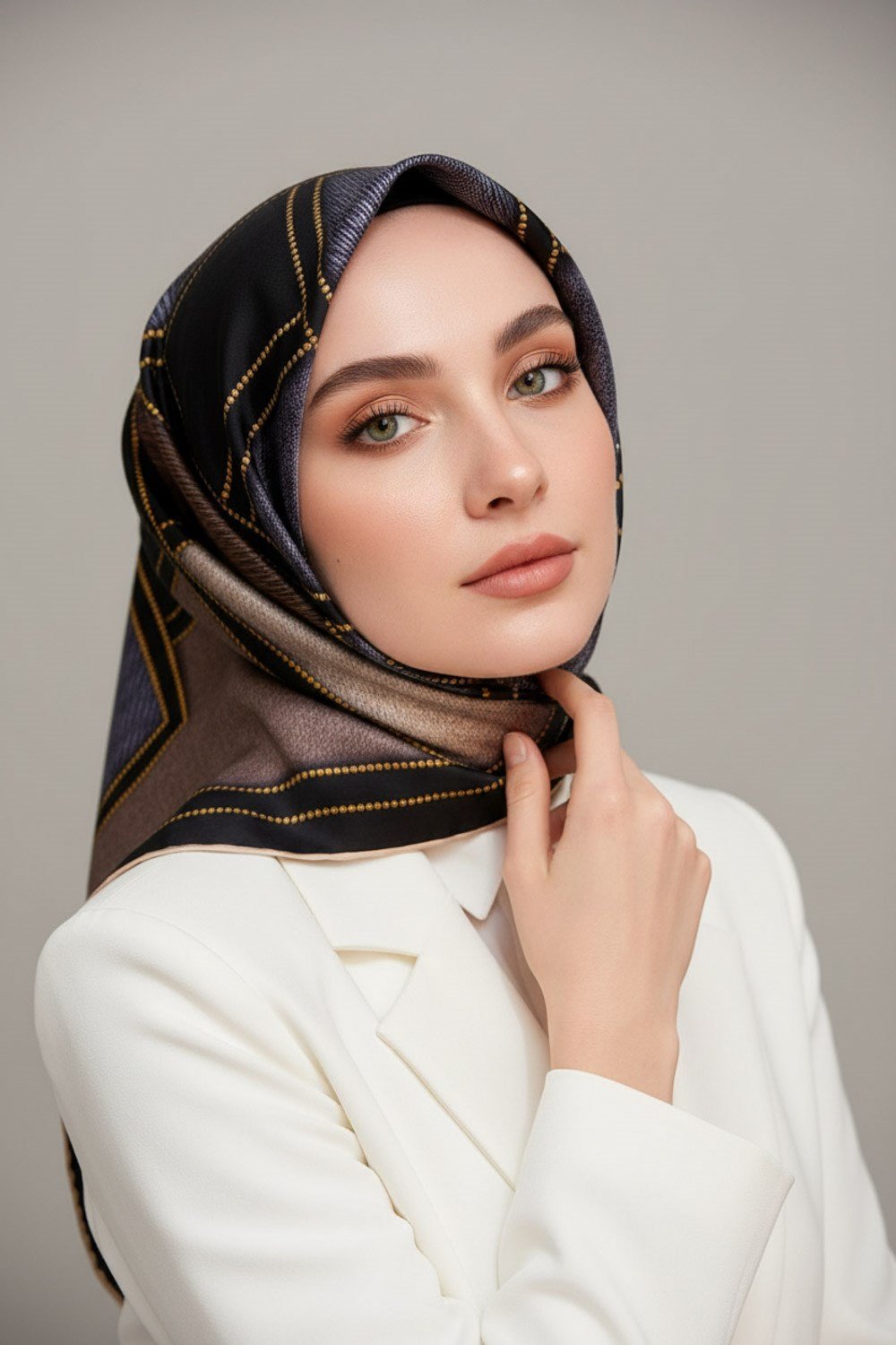 100% Twill İpek Gold Detaylı Kare Desenli Gri - Bej Renkli 90x90 Dikim Şekli : El Dikişi